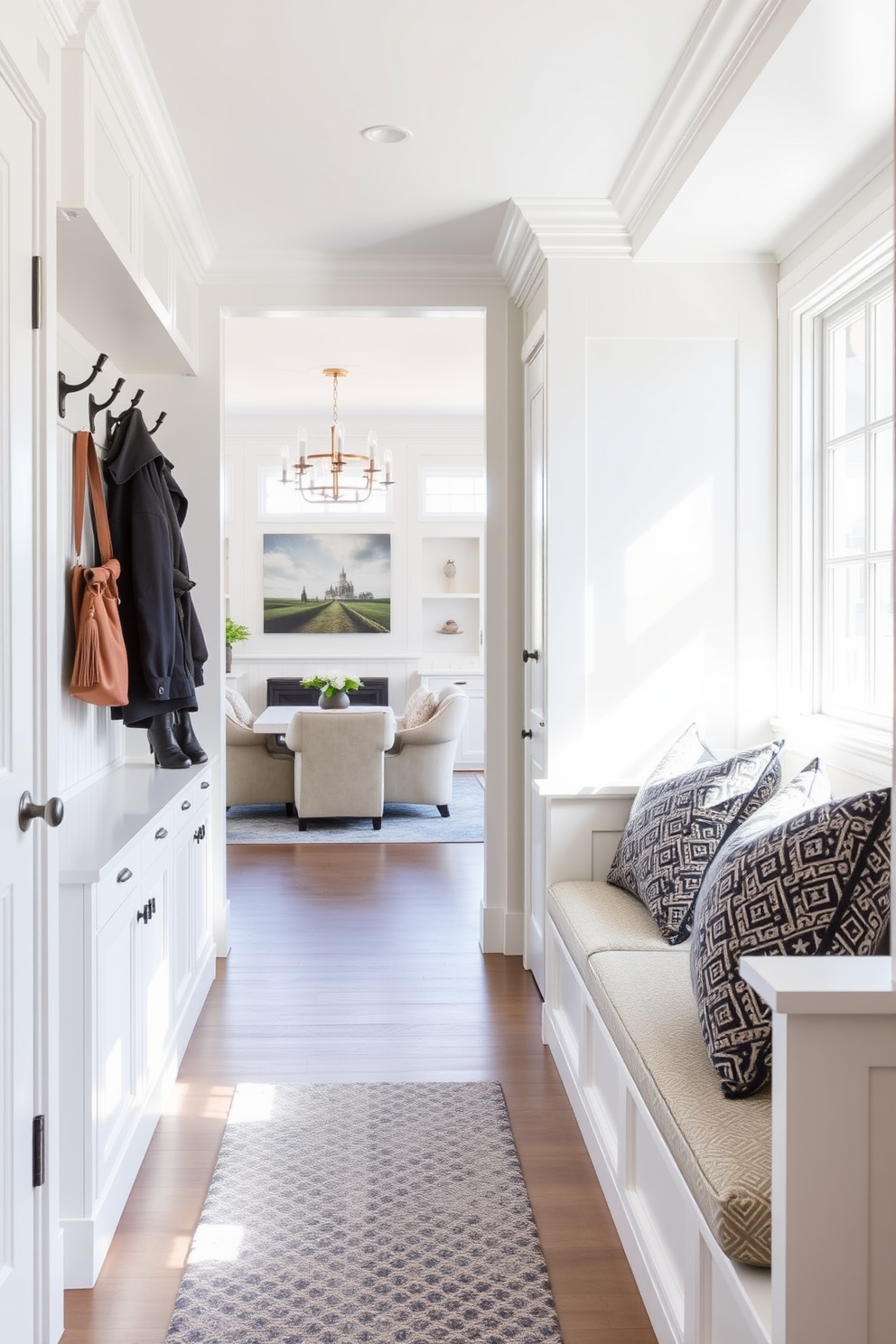 A functional mudroom with a pet washing station features a large utility sink with a detachable sprayer and a built-in bench for seating. The walls are lined with hooks for leashes and coats, and the floor is covered with durable, water-resistant tiles for easy cleanup. The mudroom opens up to the living room, creating a seamless flow between spaces. Natural light floods in through a large window, and a decorative rug adds warmth to the area while providing a pop of color.