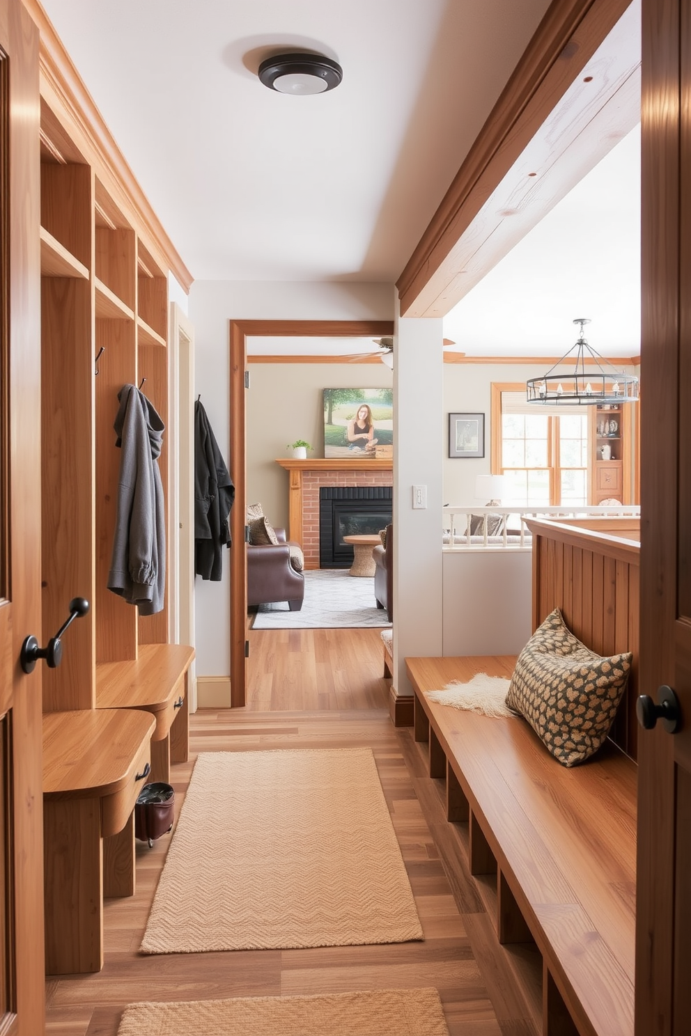 A cozy mudroom design featuring natural wood accents that add warmth and character. The space includes built-in wooden benches and hooks for coats, seamlessly connecting to the living room area.