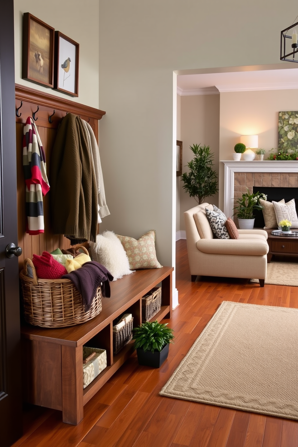 A cozy mudroom designed for seasonal decor features a wooden bench with plush cushions and hooks for hanging coats. The walls are adorned with seasonal artwork and a large basket filled with seasonal accessories like scarves and gloves. Adjacent to the living room, the space includes a stylish area rug that complements the living room's color palette. Potted plants and decorative trays add a touch of freshness, creating a seamless transition between the mudroom and living room.