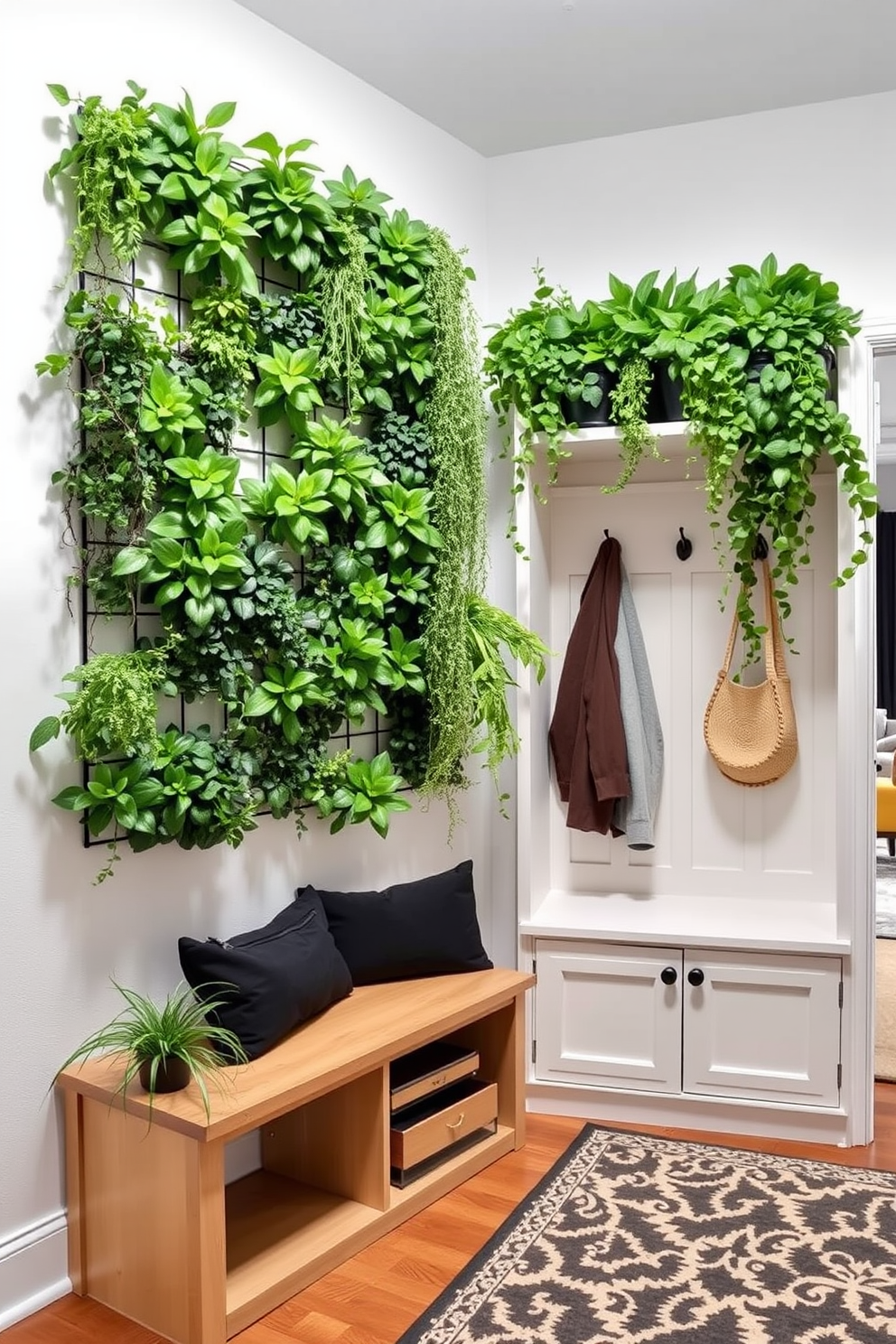 A cozy mudroom that seamlessly transitions into the living room. The space features built-in storage benches with colorful cushions and hooks for coats, while a patterned rug adds warmth underfoot. Seasonal decor includes a vibrant wreath on the door and potted plants by the windows. Soft lighting from stylish fixtures creates an inviting atmosphere, perfect for welcoming guests.