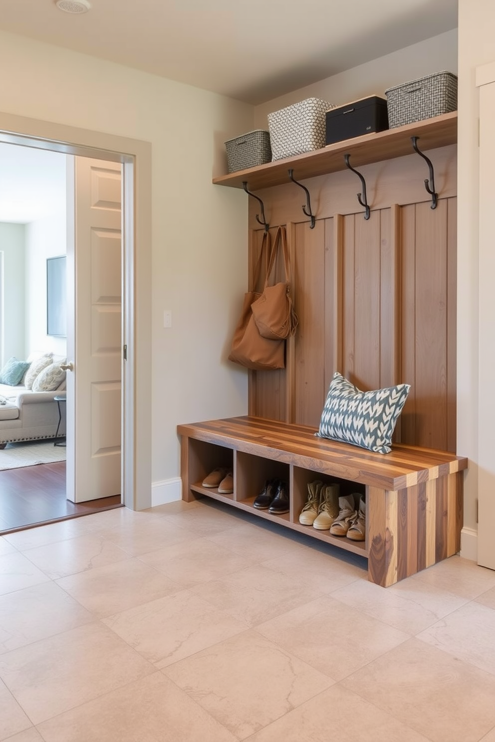 A functional mudroom design that features built-in cubbies for each family member. The cubbies are crafted from light wood and are organized with labeled baskets for easy access to shoes and jackets. The walls are painted in a soft gray hue, creating a welcoming atmosphere. A bench with plush cushions sits beneath the cubbies, providing a comfortable spot to sit while putting on or taking off shoes.