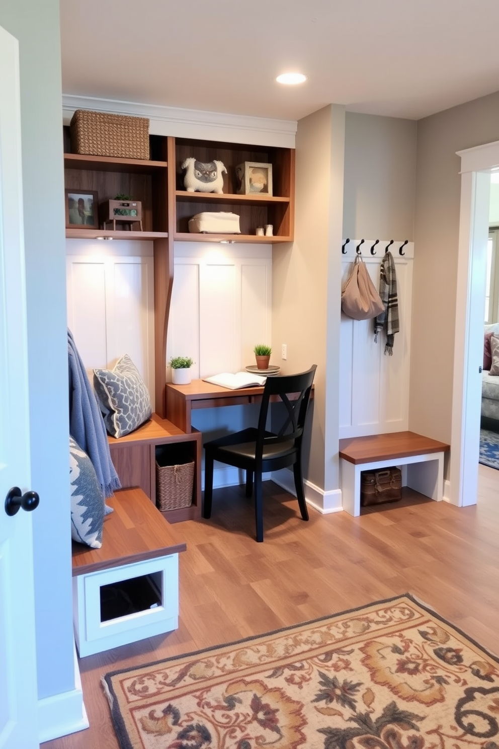 A cozy small desk nook designed for family planning. The nook features a compact wooden desk with built-in shelves, surrounded by soft lighting and a comfortable chair. A functional mudroom located near the living room. The space includes a bench with storage underneath, hooks for coats, and a stylish area rug to welcome guests.