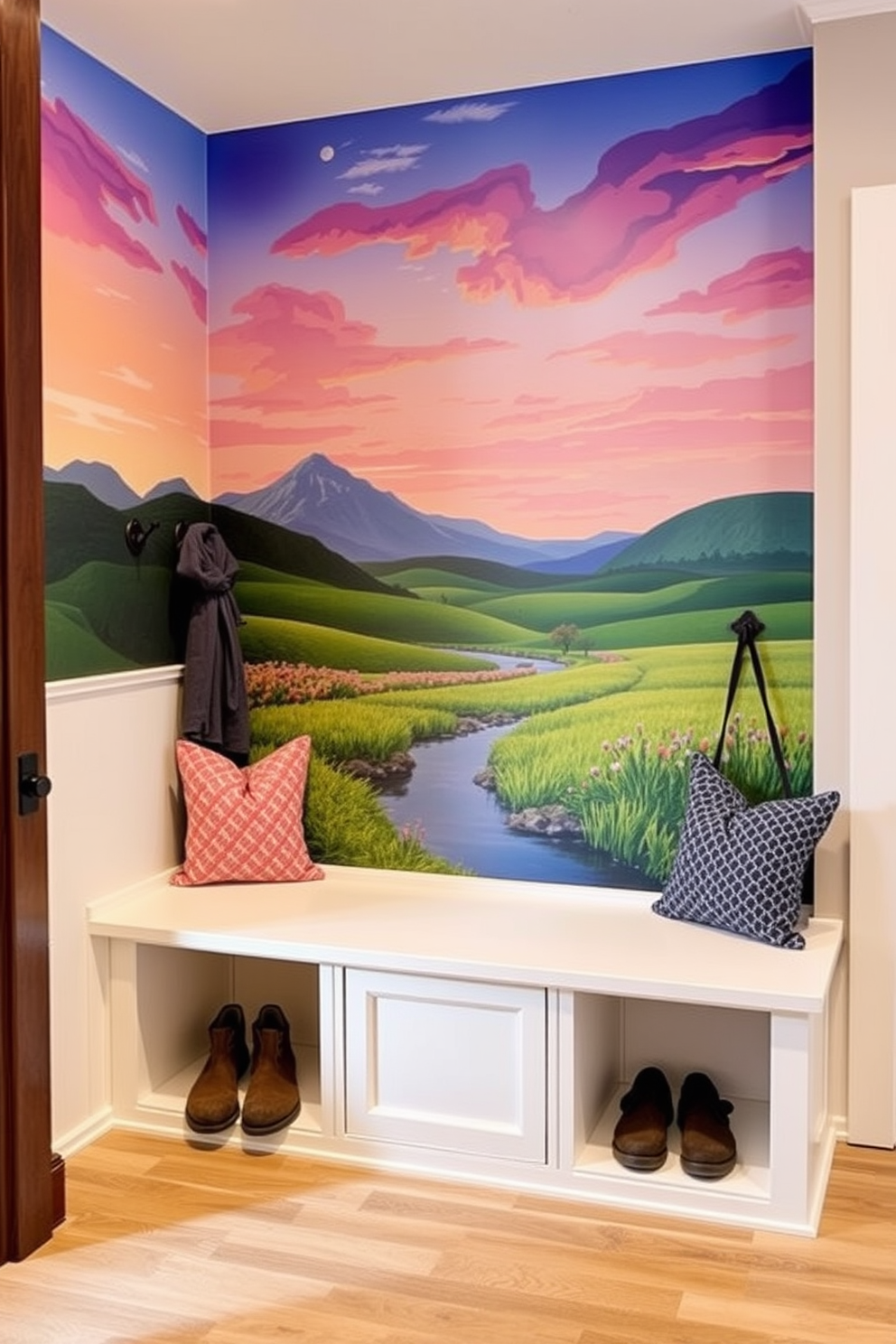 Artistic wall mural for personalization. A vibrant mural depicting a serene landscape covers the main wall, creating a focal point in the room. Mudroom near living room design ideas. The mudroom features built-in benches with storage underneath, and hooks for coats are mounted on a shiplap wall.