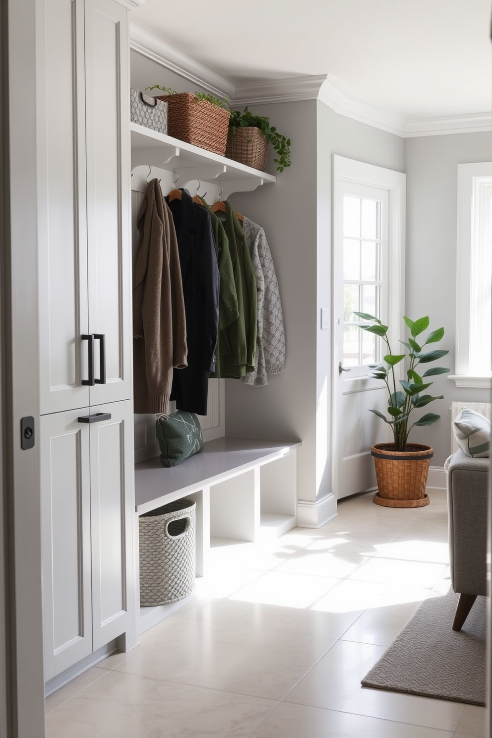 A stylish mudroom located near the living room features a built-in bench with storage underneath and hooks for coats above. The floor is adorned with large ceramic tiles, and a decorative laundry basket is seamlessly integrated into the cabinetry, providing both functionality and aesthetic appeal. Natural light floods the space through a nearby window, highlighting the soft color palette of light gray and white. Potted plants add a touch of greenery, creating a welcoming atmosphere that connects the mudroom to the living room.