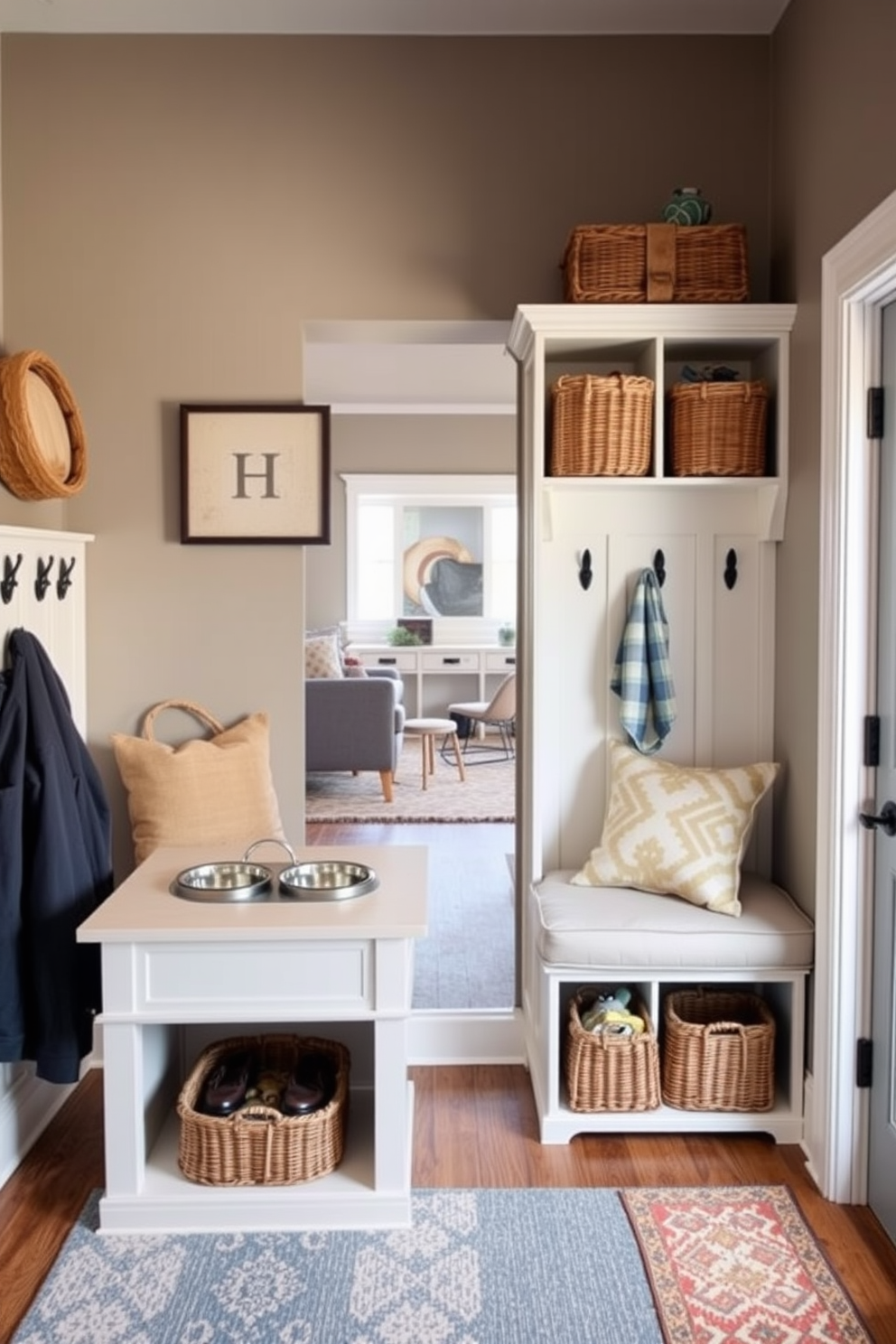 A stylish mudroom adjacent to the living room features integrated seating with ample storage underneath. The seating area is adorned with plush cushions and is framed by a warm wood finish, creating a welcoming atmosphere.