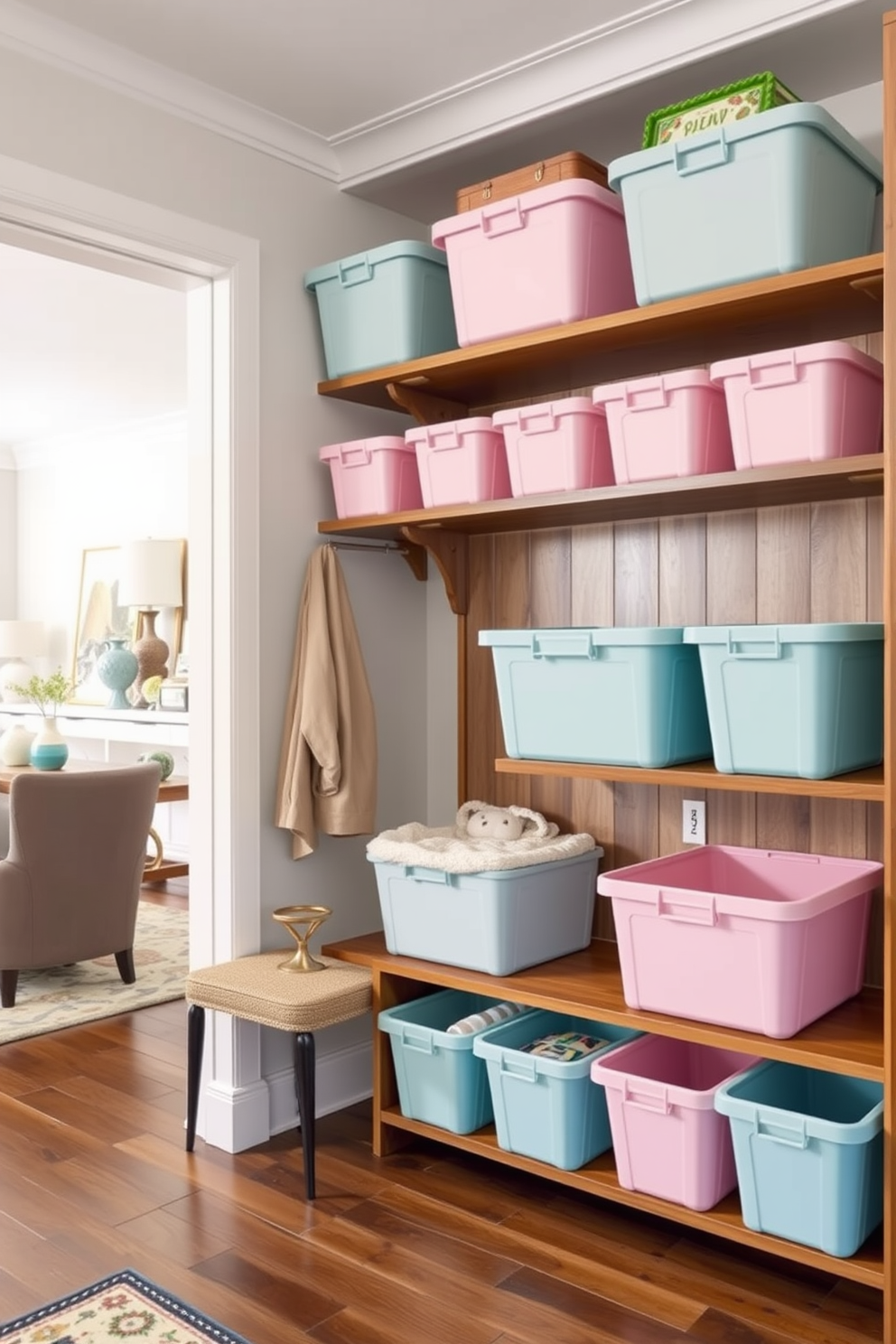 A stylish mudroom near the living room features color-coordinated storage bins neatly arranged on wooden shelves. The bins are in soft pastel hues, providing a cheerful contrast to the neutral walls and complementing the overall decor of the space.