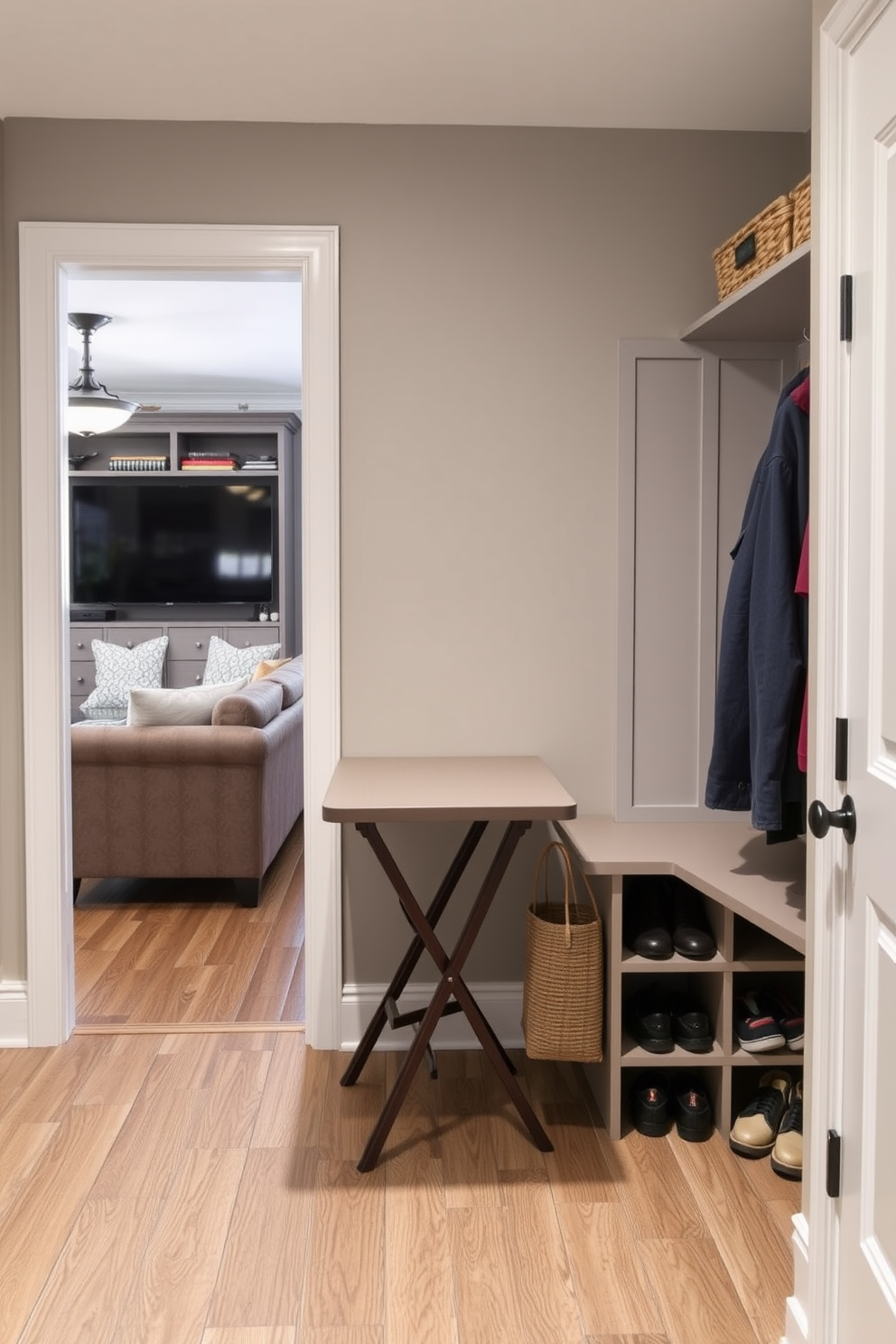 A bright and cheerful mudroom flows seamlessly into the living room creating a welcoming entryway. The walls are painted in a vibrant yellow shade, complemented by colorful storage cubbies and a playful patterned rug. Natural light floods the space through a large window, illuminating a cozy seating area with bright cushions. The mudroom features hooks for coats and a stylish bench, making it both functional and inviting.