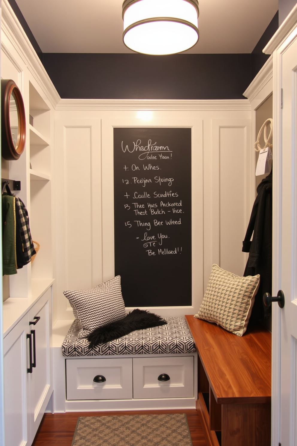 A stylish mudroom adjacent to a living room features a combination of textured materials for visual interest. The space includes a wooden bench with plush cushions, woven baskets for storage, and a wall adorned with a mix of shiplap and painted panels. Natural light floods the area through a large window, highlighting a patterned area rug that ties the space together. Decorative hooks line the wall, displaying stylish coats and accessories, while potted plants add a touch of greenery.