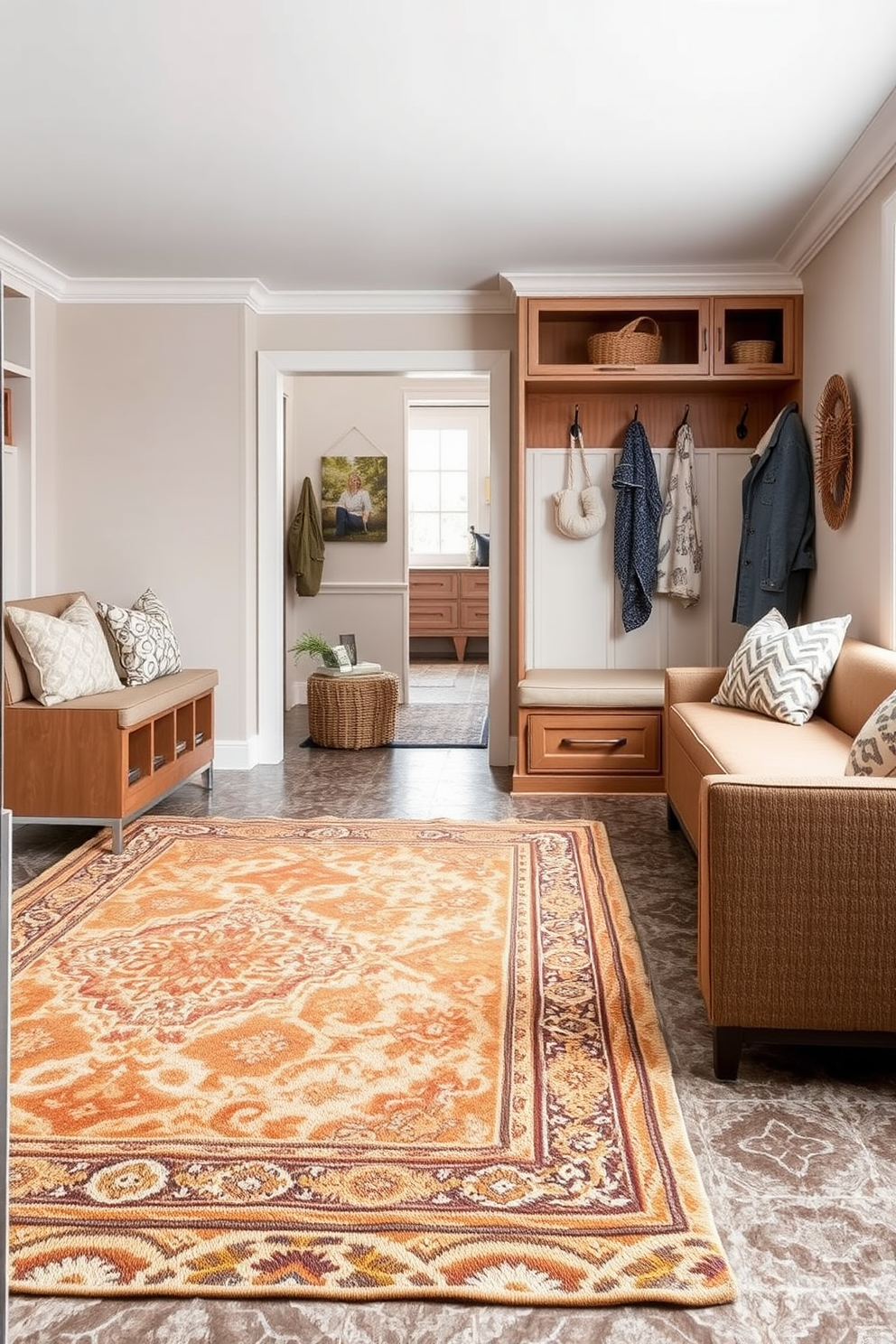 A compact mudroom design seamlessly integrates with the living room while maximizing limited space. It features built-in storage with hooks for coats and a bench for seating, all in a neutral color palette to maintain an open feel. The flooring is durable and easy to clean, providing practicality for a high-traffic area. Natural light floods in through a nearby window, enhancing the inviting atmosphere of the space.