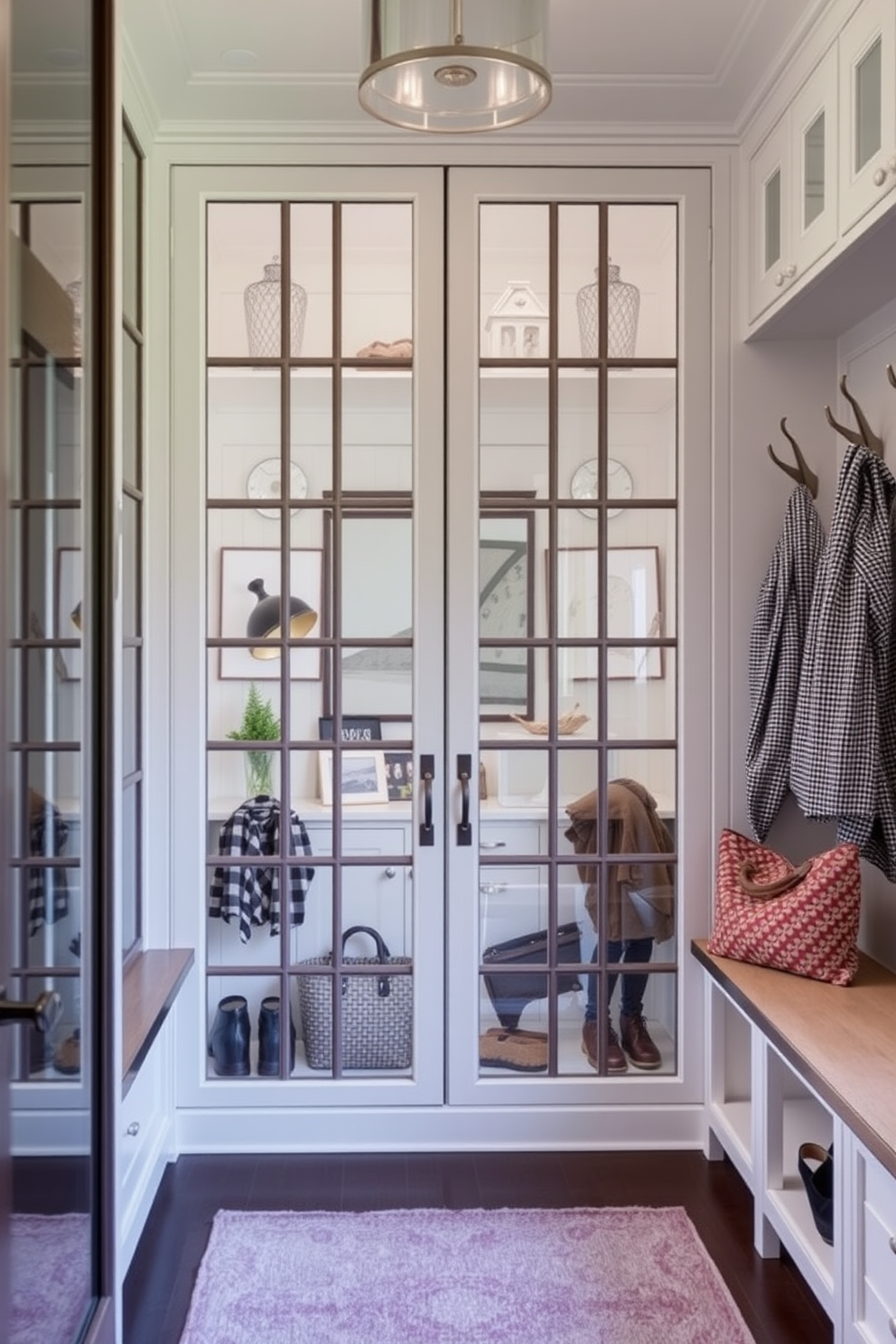 A stylish mudroom featuring glass doors that elegantly showcase curated decor items. The space is designed with functional storage solutions, including built-in benches and hooks for easy organization.