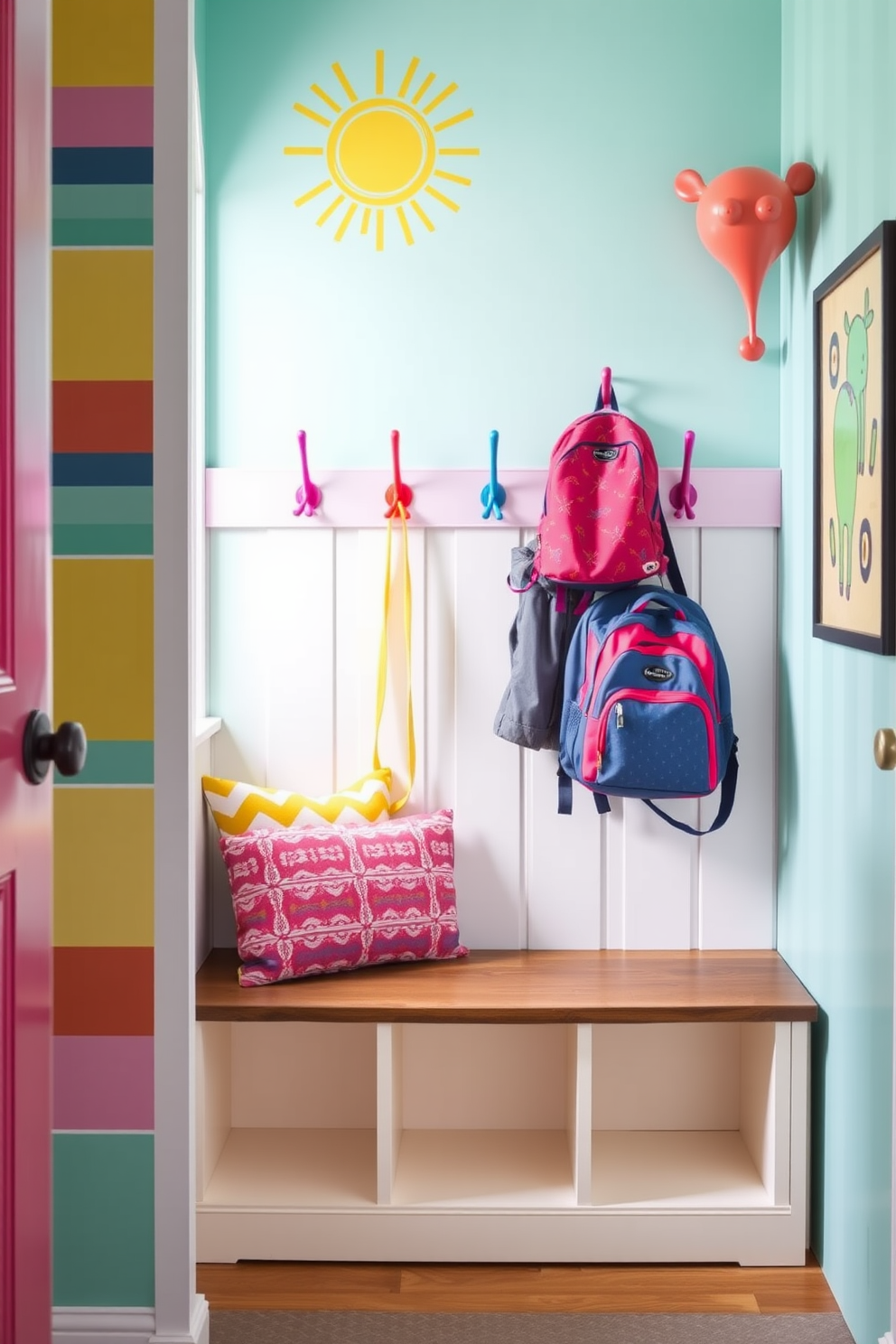 A vibrant mudroom design featuring colorful hooks at varying heights for kids backpacks. The space is bright and cheerful, with playful wall art and a durable bench for seating.