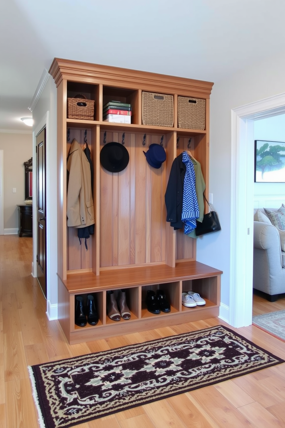 A stylish mudroom adjacent to the living room features a built-in coat storage unit with seasonal rotation capabilities. The unit includes cubbies for hats and gloves, as well as a bench for sitting while putting on shoes, all designed in a warm wood finish. The walls are painted in a soft neutral color, creating a welcoming atmosphere. A decorative rug lies on the floor, adding a touch of comfort and style to the space.