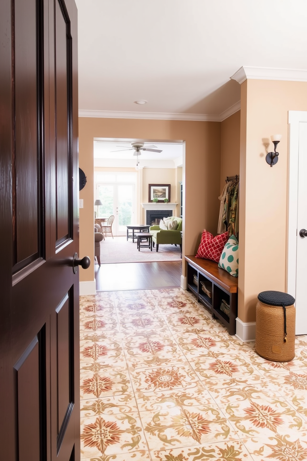 A mudroom design that seamlessly transitions into the living room. The flooring features decorative tiles with intricate patterns, providing both style and functionality. The walls are painted in a warm neutral tone, creating an inviting atmosphere. A built-in bench with storage underneath complements the space, adorned with colorful cushions for added comfort.