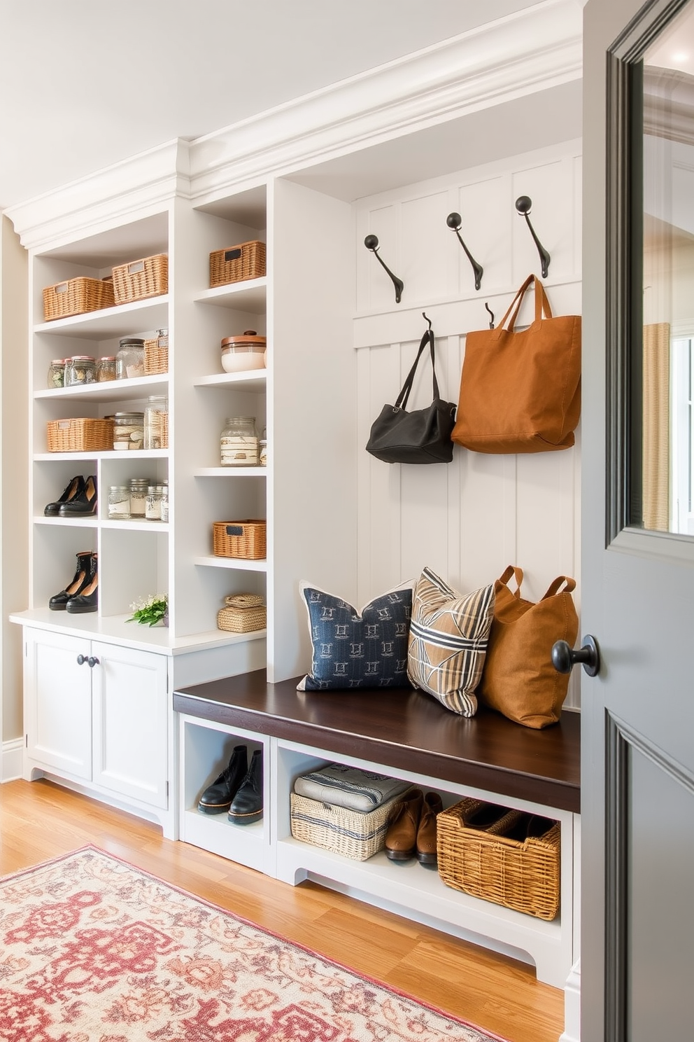 Bright lighting floods the mudroom, illuminating the space with a warm and inviting glow. The walls are painted in a soft white, while the floor features durable, textured tiles that can withstand heavy use. A built-in bench with storage underneath provides a practical seating area, adorned with plush cushions for comfort. Hooks line the wall above for coats and bags, creating an organized and stylish transition space near the living room.