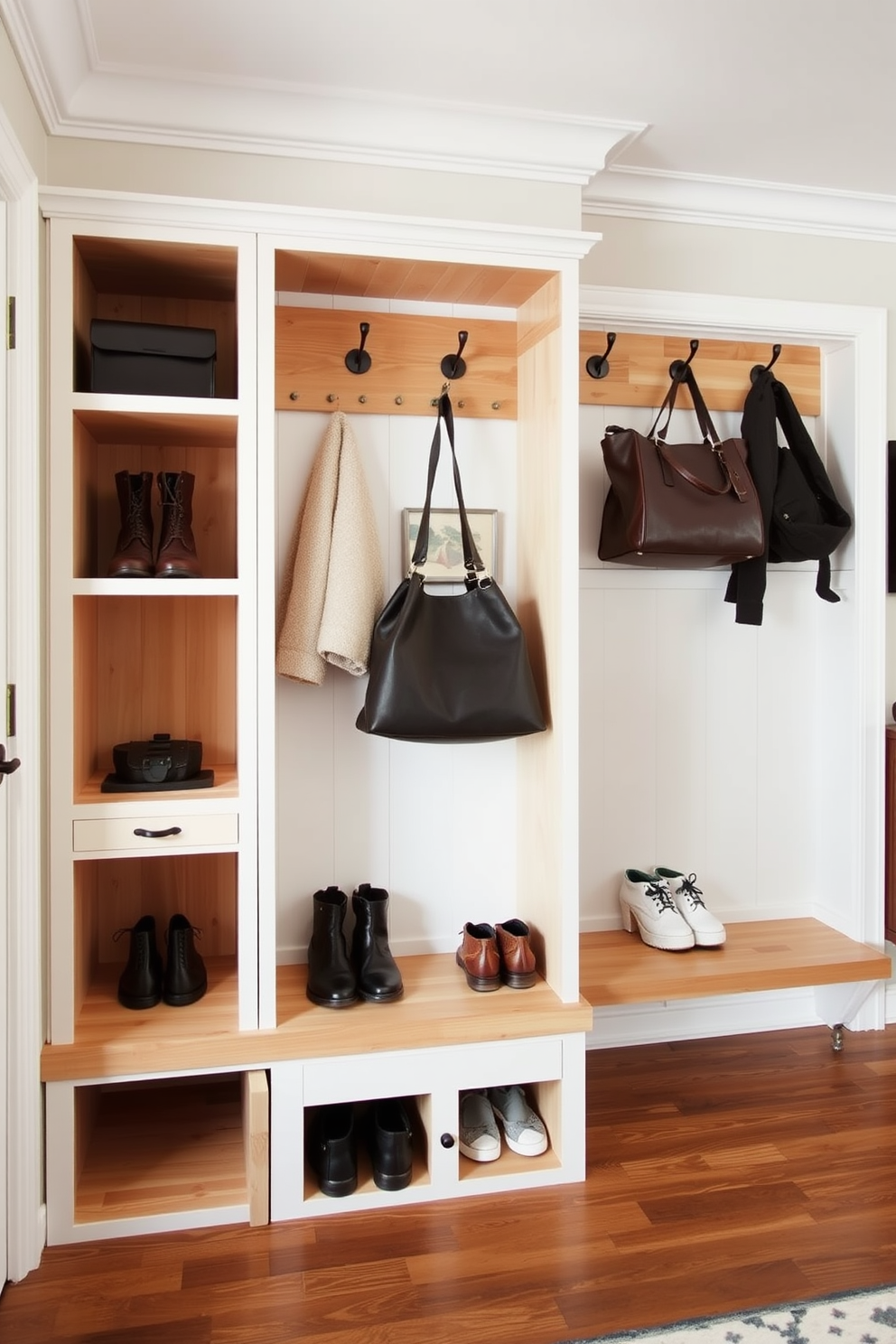 A stylish mudroom featuring cubbies designed for organized shoe storage is seamlessly integrated near the living room. The cubbies are crafted from natural wood, offering a warm and inviting aesthetic, while decorative hooks above provide additional space for coats and bags.