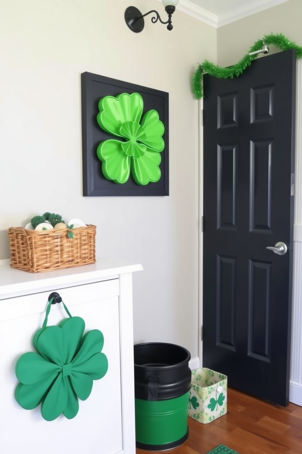 A cozy mudroom adorned with lucky leprechaun figurines on wooden shelves. The walls are painted a cheerful green, and a rustic bench provides a welcoming spot to sit and remove shoes.