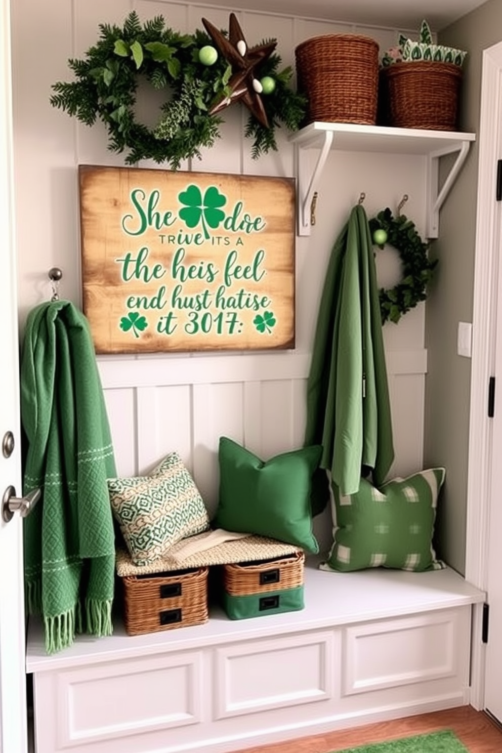 A charming mudroom decorated for St. Patrick's Day features a rustic wooden sign displaying an inspiring quote about the holiday. The space is adorned with green accents, such as a cozy throw blanket and decorative pillows, creating a festive and inviting atmosphere.