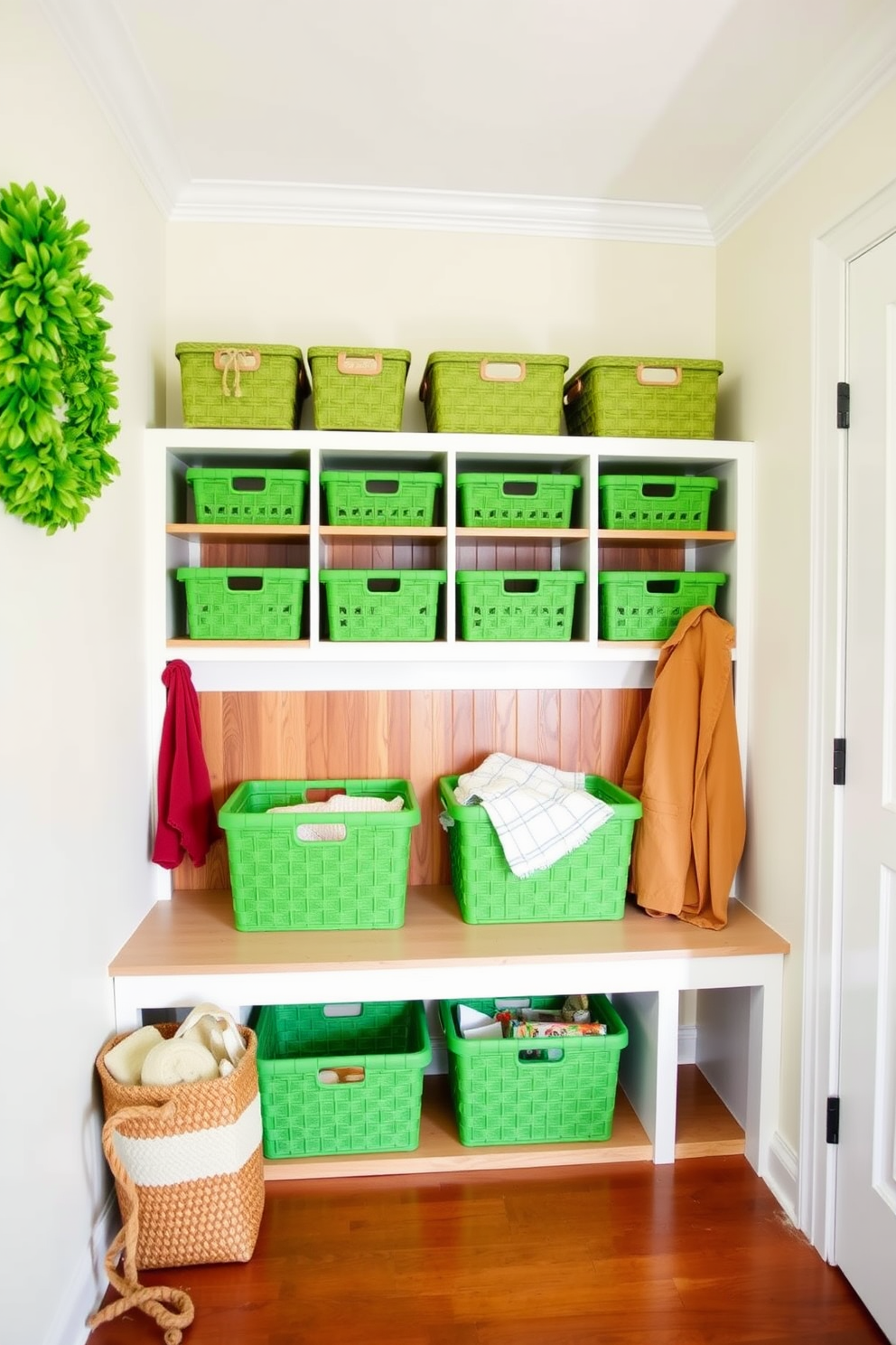 A cozy mudroom adorned with St. Patrick's Day themed wall decals. The walls are decorated with vibrant green shamrocks and cheerful leprechauns, creating a festive atmosphere. A rustic bench with plaid cushions sits against the wall, providing a welcoming spot to sit. Woven baskets filled with seasonal decor are neatly arranged underneath, adding both function and charm.