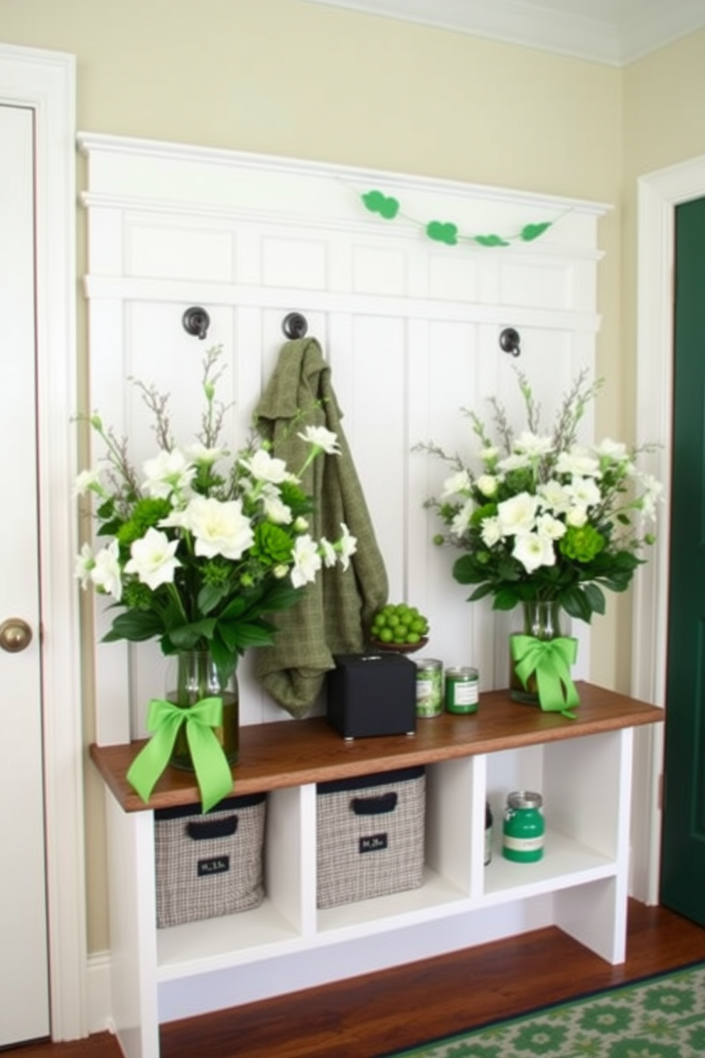 Bright green curtains frame a spacious mudroom, adding a vibrant pop of color to the space. The room features a built-in bench with storage underneath, perfect for organizing shoes and outdoor gear. St. Patrick's Day decorations are tastefully arranged throughout the mudroom, including shamrock-themed accents and festive garlands. A cheerful welcome mat greets visitors, enhancing the festive atmosphere while maintaining a functional design.