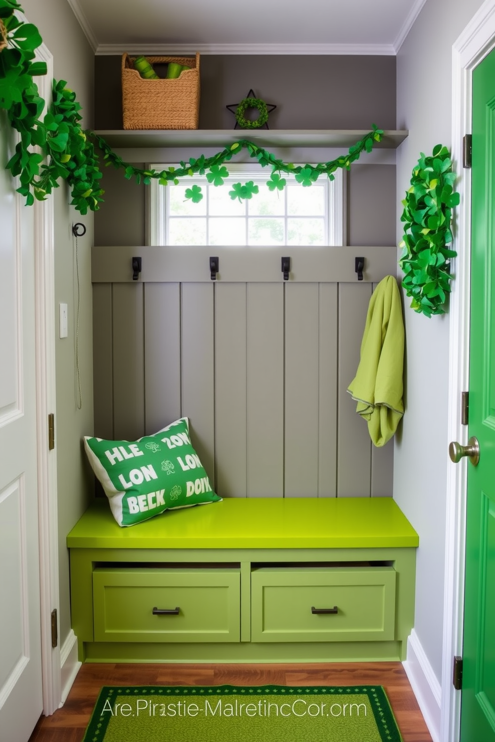 A stylish mudroom features a lime green bench providing comfortable seating. The space is adorned with festive St. Patrick's Day decorations, including shamrock garlands and vibrant green accents.