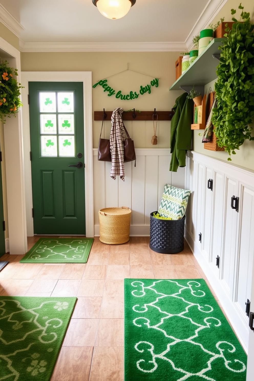 A cozy mudroom filled with green patterned rugs that add warmth and comfort to the space. The walls are adorned with festive St. Patrick's Day decorations, featuring shamrocks and cheerful accents.