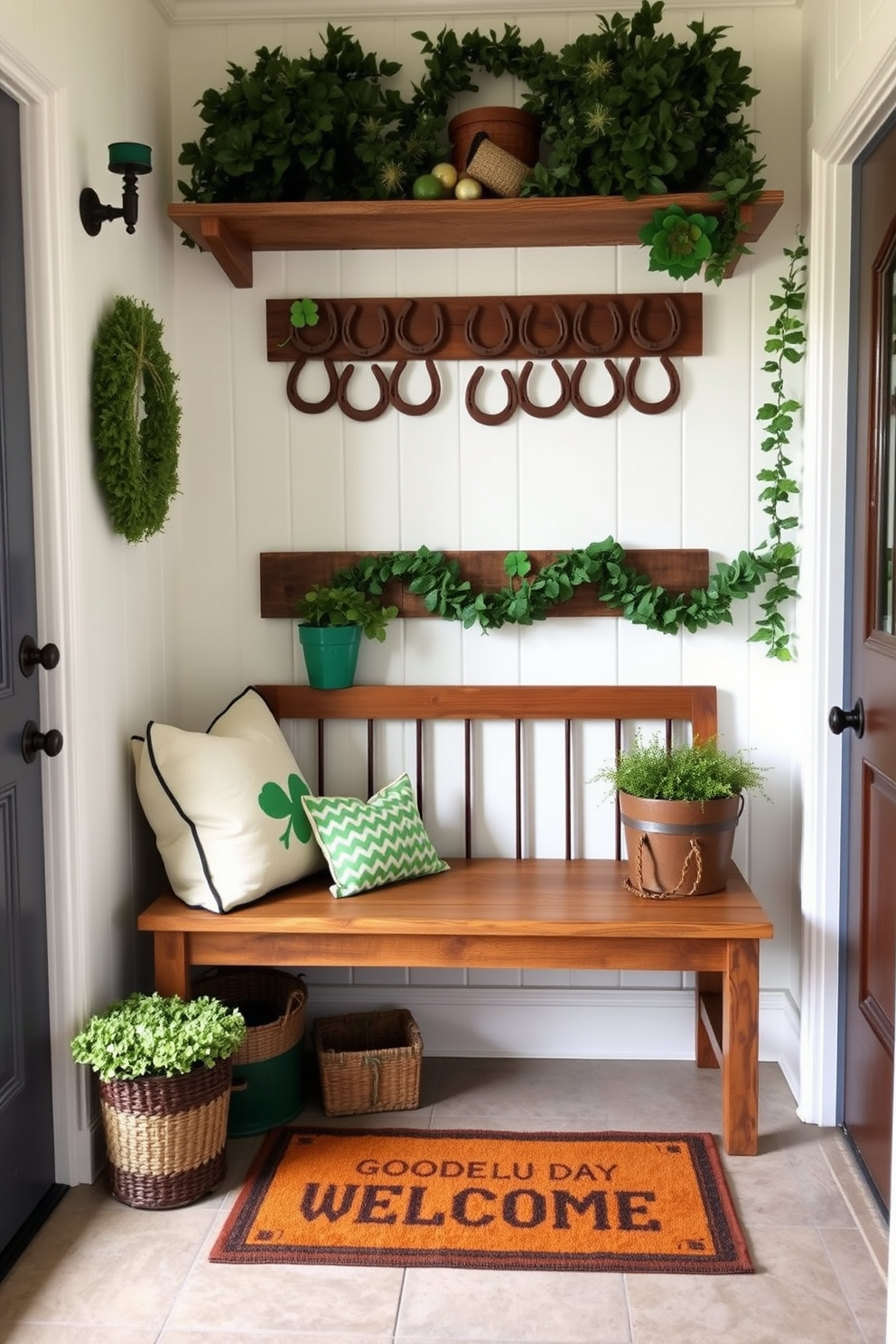 A cozy mudroom adorned with horseshoe decor symbolizes good luck and charm. The walls are painted in a soft white hue, and a rustic wooden bench provides seating, decorated with green and gold accents for St. Patrick's Day. A collection of horseshoes is artfully arranged on a shelf, complemented by green plants and festive garlands. The floor features a durable tile that withstands outdoor wear, while a cheerful welcome mat adds a touch of warmth to the space.