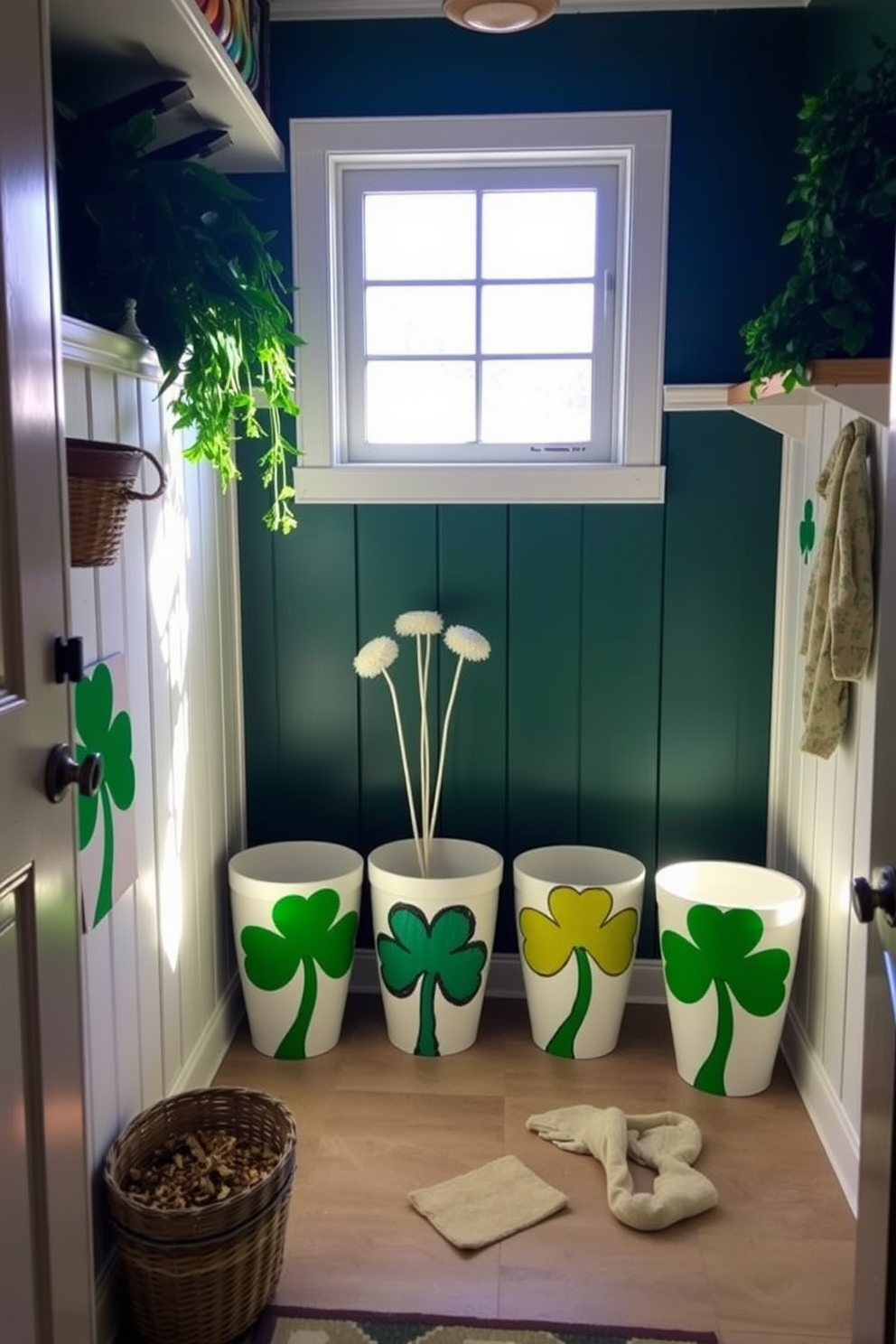 A cozy mudroom adorned with DIY painted pots featuring vibrant shamrock designs. The space is brightened by natural light streaming through a nearby window, enhancing the festive atmosphere of St. Patrick's Day.