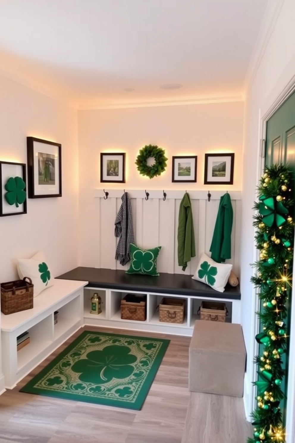 Lighted wall decorations for ambiance. Soft warm lights outline a series of framed artworks, creating a cozy atmosphere in the room. Mudroom. The space features built-in benches with storage underneath, complemented by hooks for coats and a decorative rug that adds a pop of color. St. Patrick's Day decorating ideas. Green and gold accents adorn the space, with shamrock-themed pillows on the seating and a festive garland draped along the entryway.