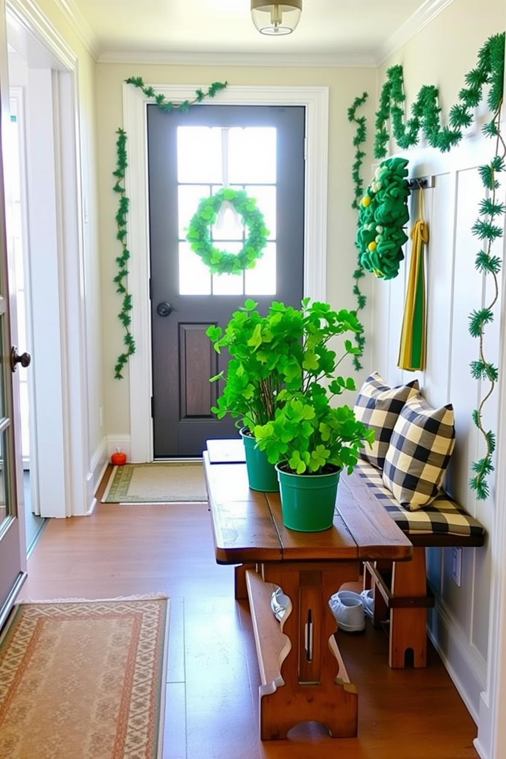 A charming entryway features a rustic wooden table adorned with potted shamrocks in vibrant green hues. Soft natural light streams in through the nearby window, creating an inviting atmosphere for guests. The mudroom is decorated with festive St. Patrick's Day accents, including green and gold garlands draped along the walls. A cozy bench with plaid cushions provides a perfect spot to remove shoes, while a cheerful wreath hangs on the door to welcome visitors.