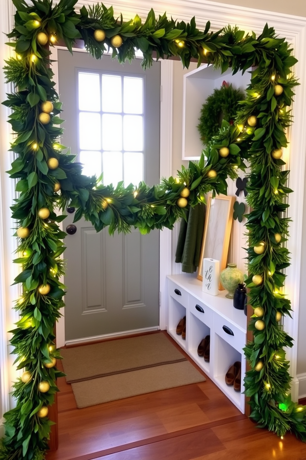 A festive garland made of lush green foliage and shimmering gold accents drapes elegantly across the entrance of the mudroom. The space is adorned with cheerful St. Patrick's Day decorations, featuring playful shamrocks and twinkling lights that create a warm and inviting atmosphere.