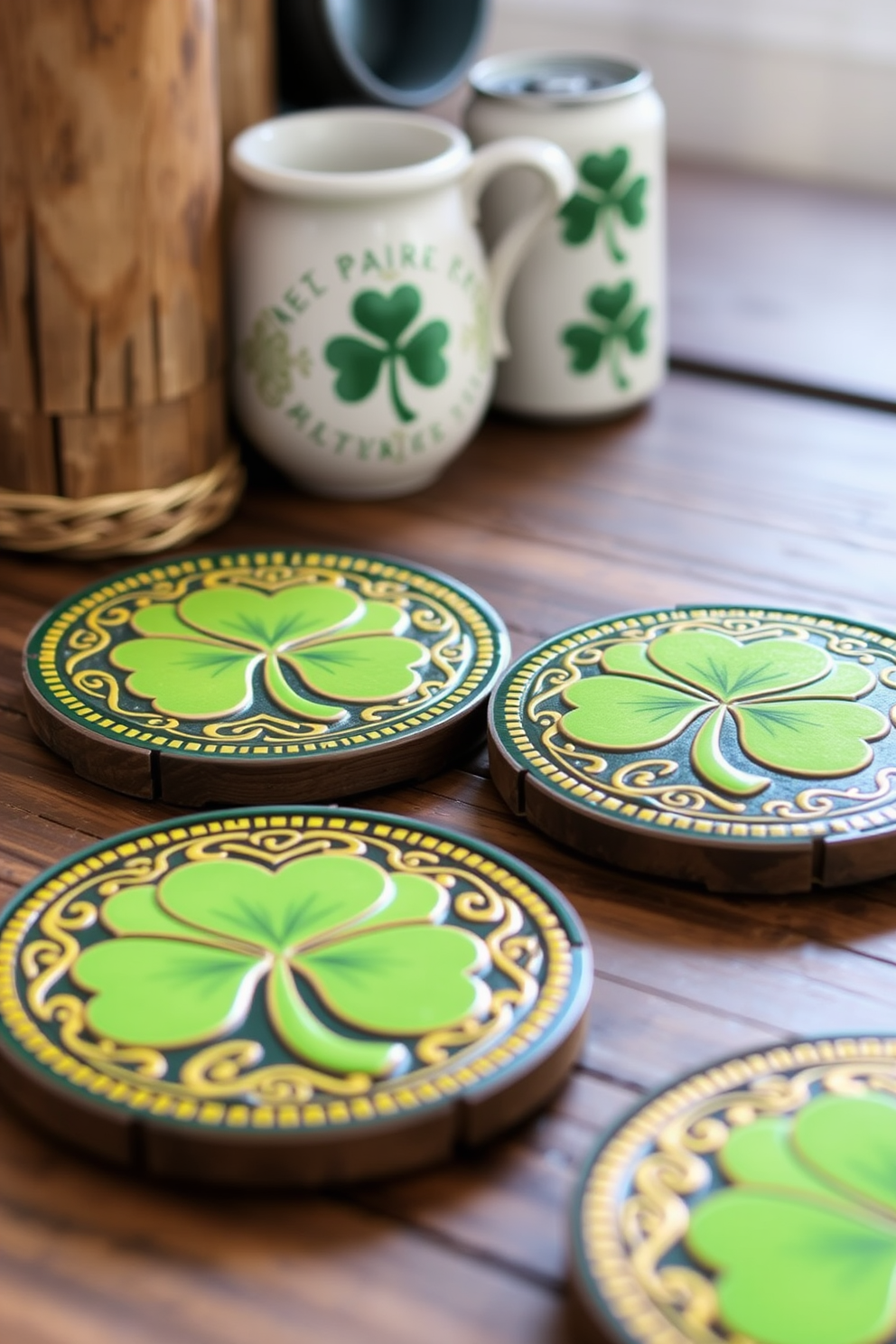 Colorful Irish flag bunting decorations hang from the ceiling in a bright and cheerful mudroom. The walls are painted a soft cream color, and a rustic wooden bench is adorned with green and gold cushions, creating a festive atmosphere for St. Patrick's Day.