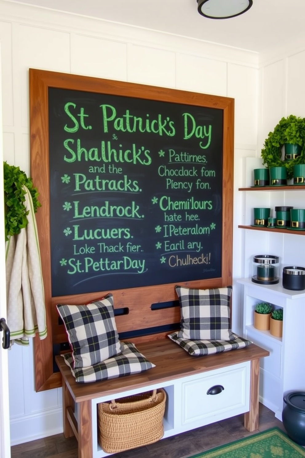 A charming mudroom adorned with a large chalkboard displaying festive St. Patrick's Day messages in vibrant green and gold chalk. The space features a rustic bench with plaid cushions and a collection of decorative shamrocks and leprechaun hats arranged on a nearby shelf.