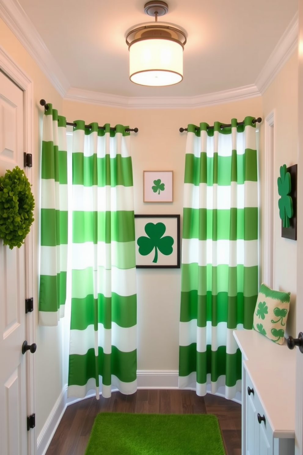 A cozy mudroom featuring green and white striped curtains that provide privacy while allowing natural light to filter in. The space is decorated with festive St. Patrick's Day accents, including shamrock-themed wall art and a cheerful green rug.