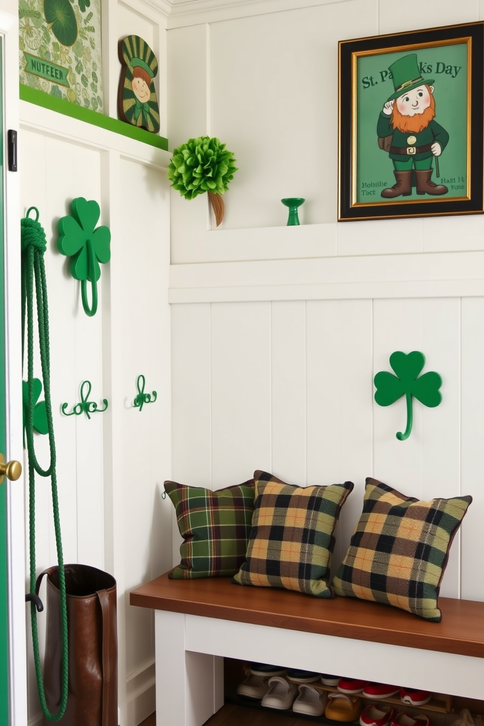 A charming mudroom adorned with St. Patrick's Day themed hooks for coats. The hooks are shaped like shamrocks and are painted in vibrant green hues, adding a festive touch to the space. The walls are decorated with cheerful green and gold accents, featuring a large framed print of a leprechaun. A cozy bench with plaid cushions invites guests to sit while removing their shoes, creating a welcoming atmosphere.