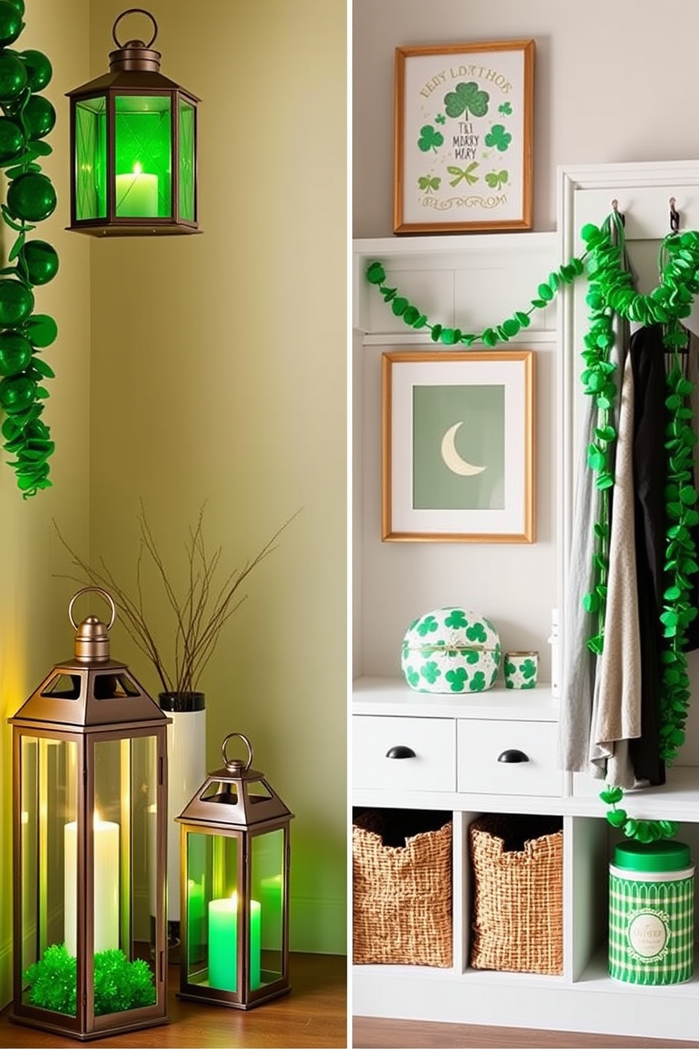 A cozy mudroom adorned with hanging shamrock ornaments from the ceiling creates a festive atmosphere. The walls are painted a soft cream color, and a rustic bench with storage underneath is placed against one wall.