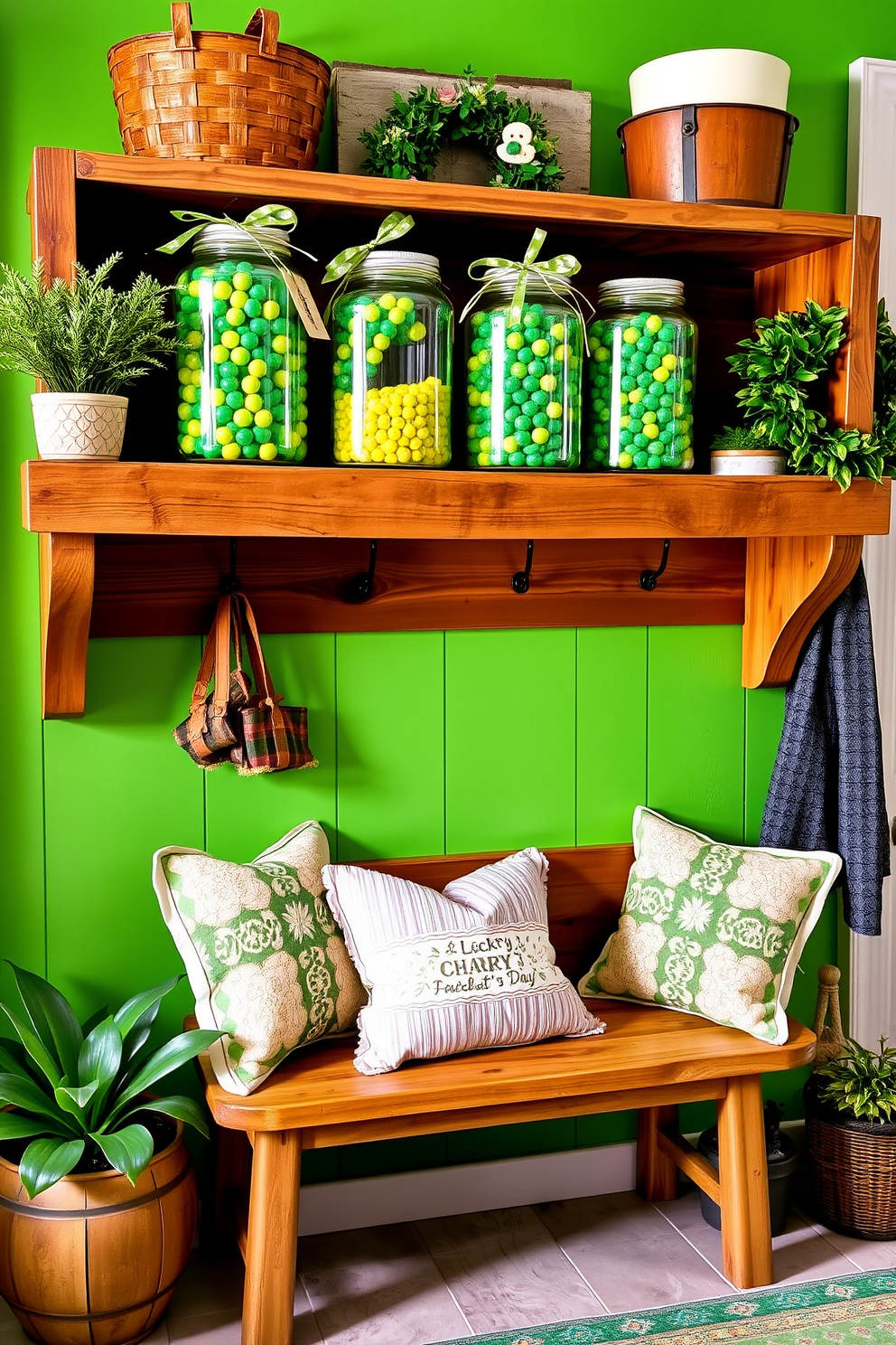 Lucky charm jars filled with vibrant green and gold items are placed on a rustic wooden shelf in the mudroom. The jars are adorned with festive ribbon and small tags, adding a decorative touch that celebrates St. Patrick's Day. A cozy bench with plush cushions sits against the wall, surrounded by potted plants and seasonal decorations. The mudroom features a cheerful green accent wall, creating a welcoming atmosphere for guests.