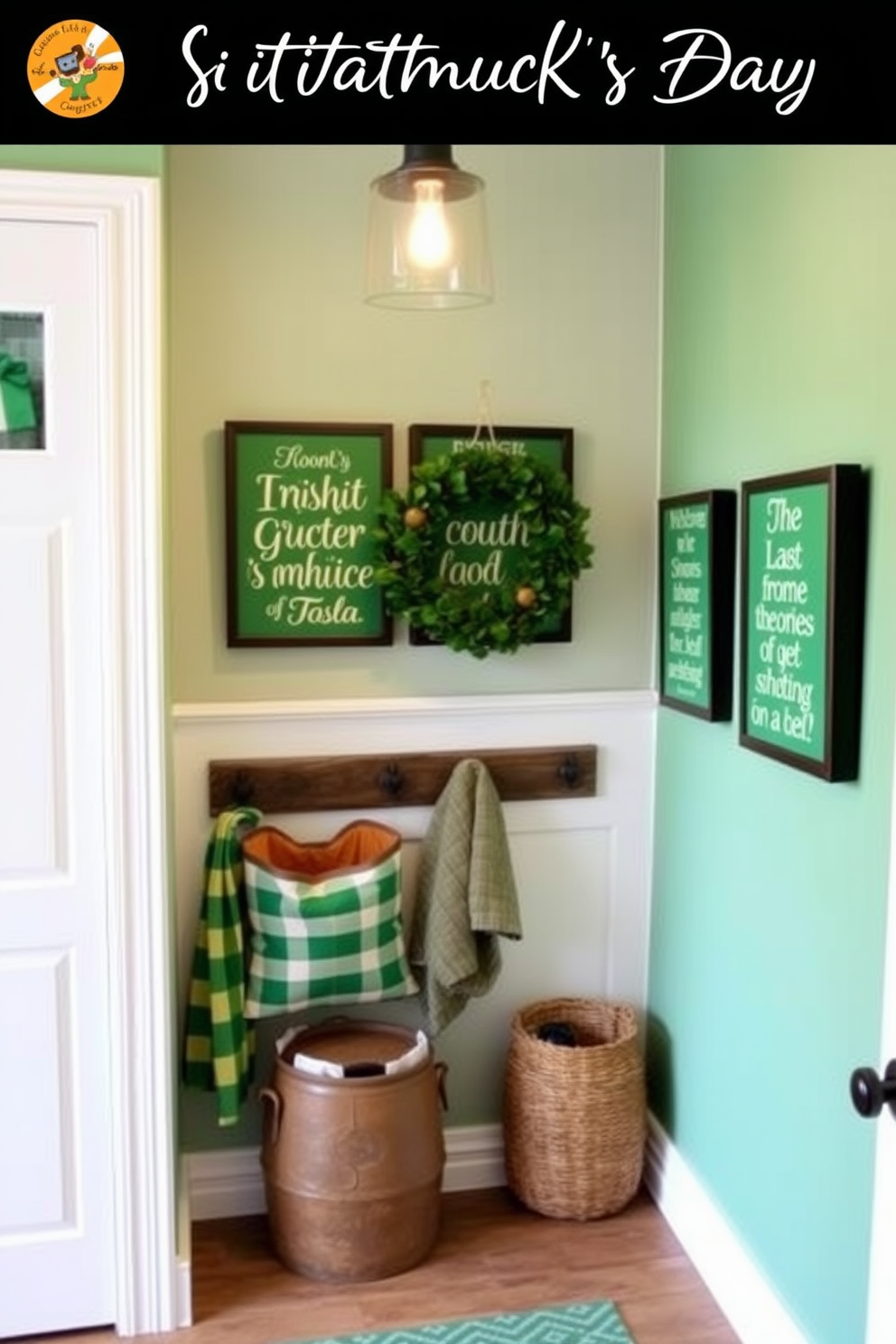 A charming mudroom adorned with green and gold candle arrangements creates a festive atmosphere for St. Patrick's Day. The space features a rustic bench with storage underneath, and the walls are decorated with cheerful green accents, enhancing the holiday spirit.