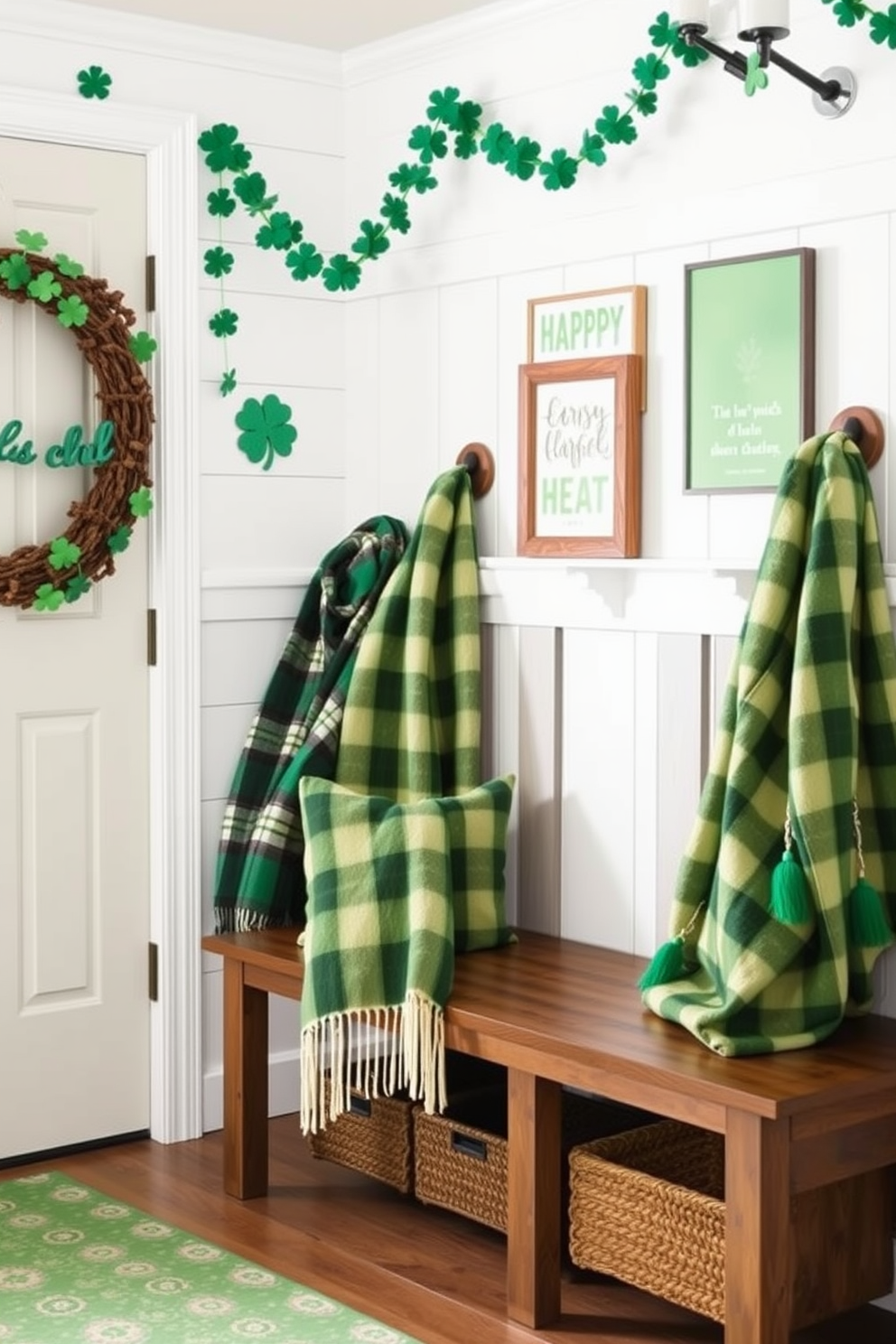 A cozy mudroom adorned with green plaid throw blankets draped over a wooden bench. The walls are decorated with festive St. Patrick's Day accents, including shamrock garlands and cheerful green artwork.