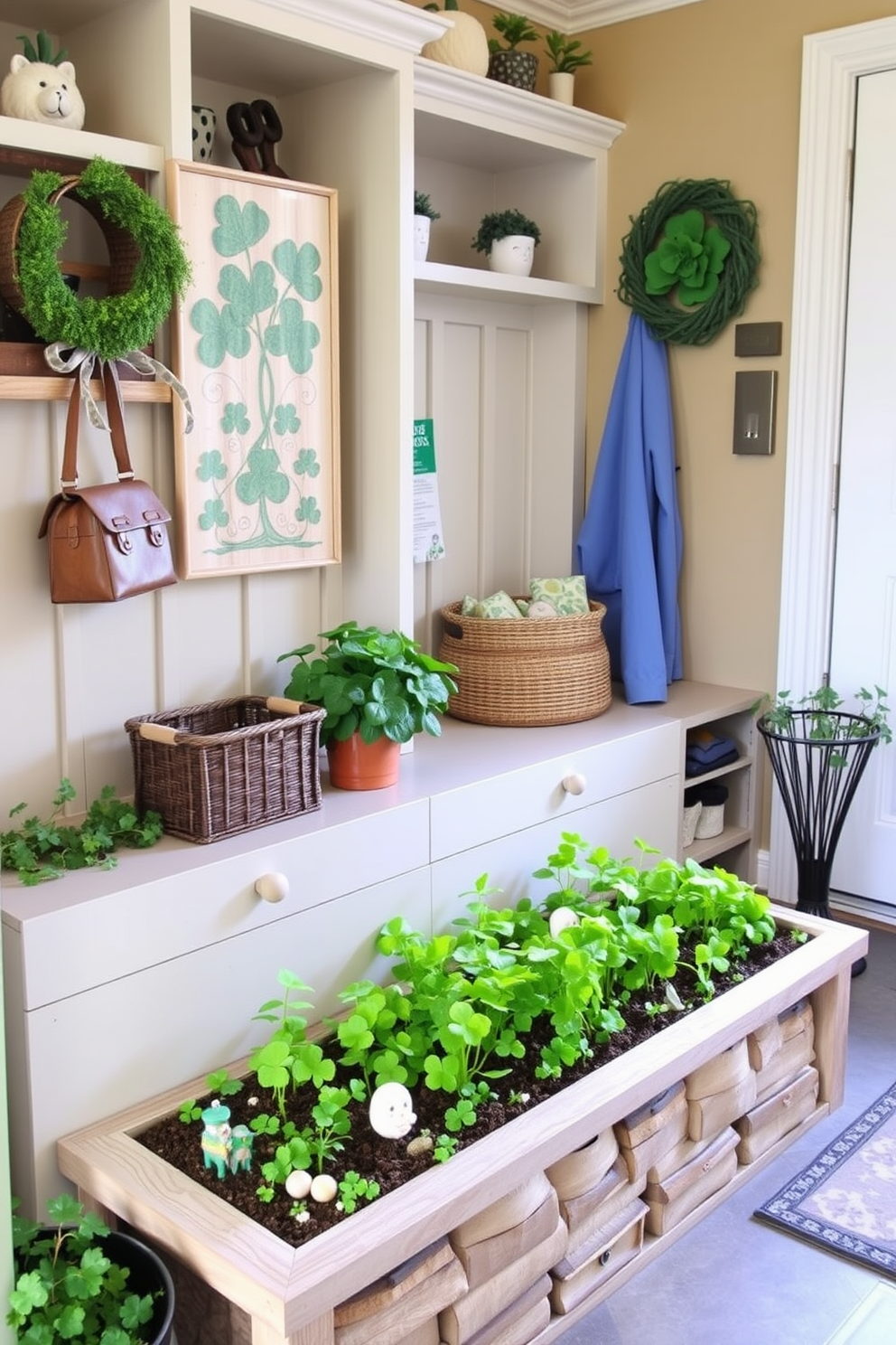 Decorative birdcages with green accents are elegantly arranged on a rustic wooden table. Each birdcage features intricate designs and lush greenery spilling from the openings, creating a vibrant and inviting atmosphere. The mudroom is designed with a blend of functionality and charm, featuring built-in benches and hooks for coats. St. Patrick's Day decorations include cheerful green garlands and whimsical shamrock accents, adding a festive touch to the space.