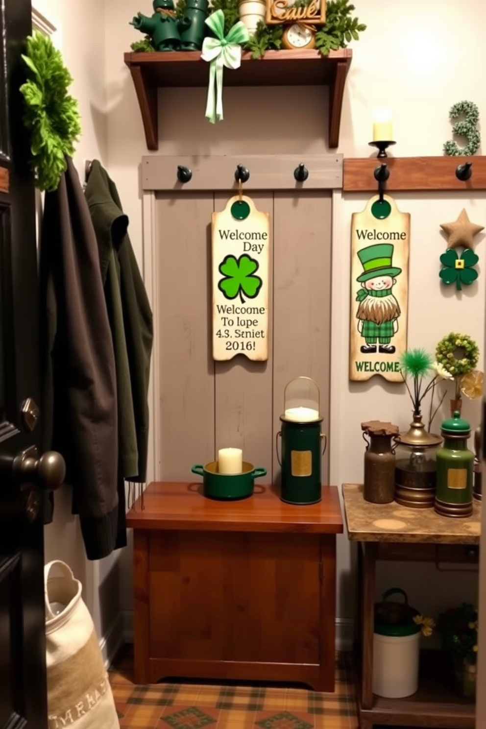 Create a cozy mudroom adorned with St. Patrick's Day themed door hangers. The door hangers feature vibrant green shamrocks and playful leprechaun designs to welcome guests. Incorporate festive decorations throughout the mudroom, including green and gold accents. Use plaid patterns and rustic elements to enhance the St. Patrick's Day spirit while maintaining a functional space.