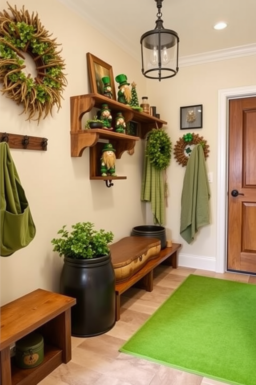 A cozy mudroom adorned with lucky leprechaun figurines displayed on rustic wooden shelves. The walls are painted in a soft cream color, and a vibrant green rug adds a festive touch for St. Patrick's Day decorating ideas.