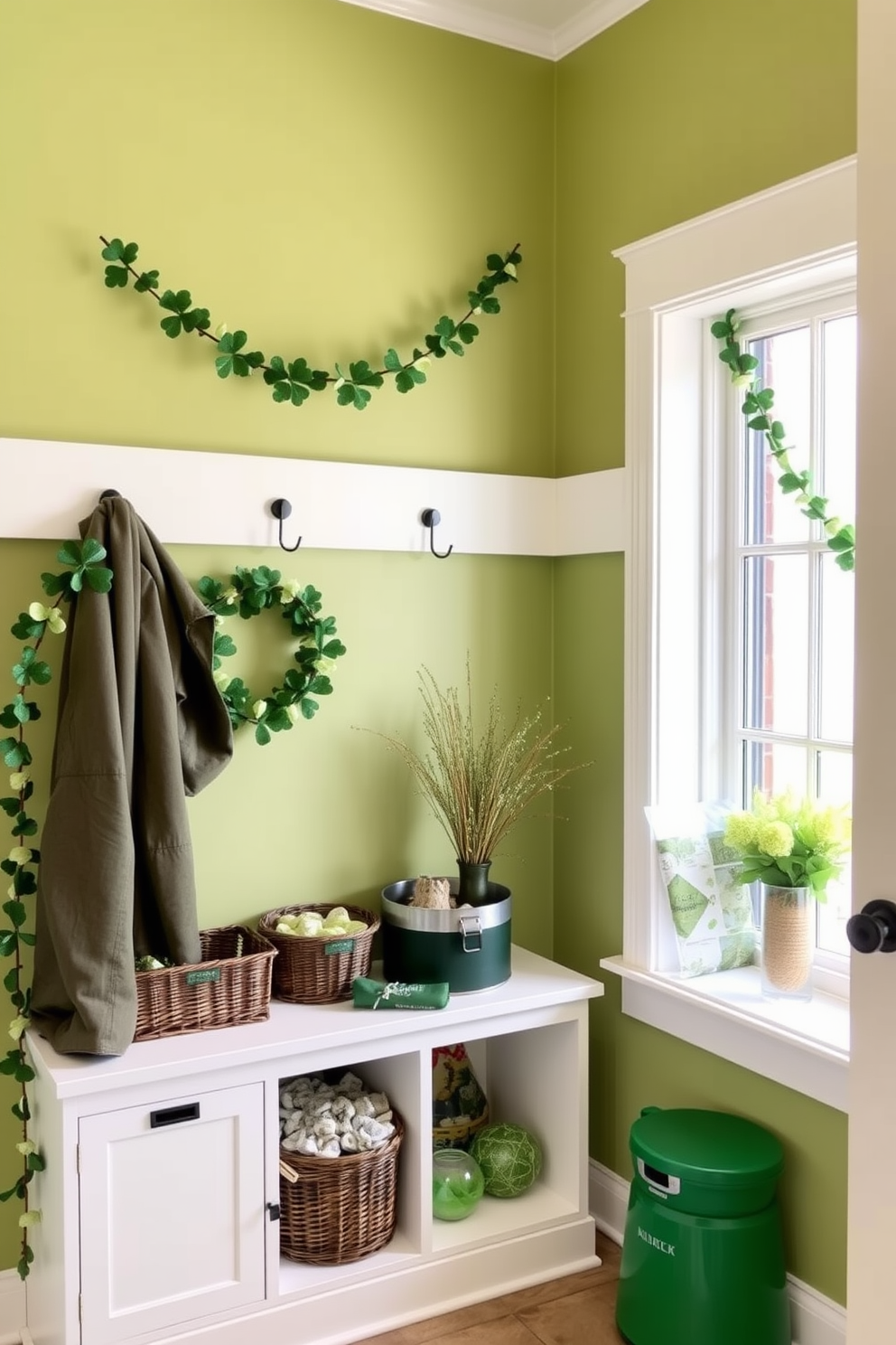 A welcoming mudroom adorned with an Irish blessing framed elegantly on the wall. The space features a rustic bench with storage underneath, complemented by cheerful St. Patrick's Day decorations like green garlands and shamrock accents.