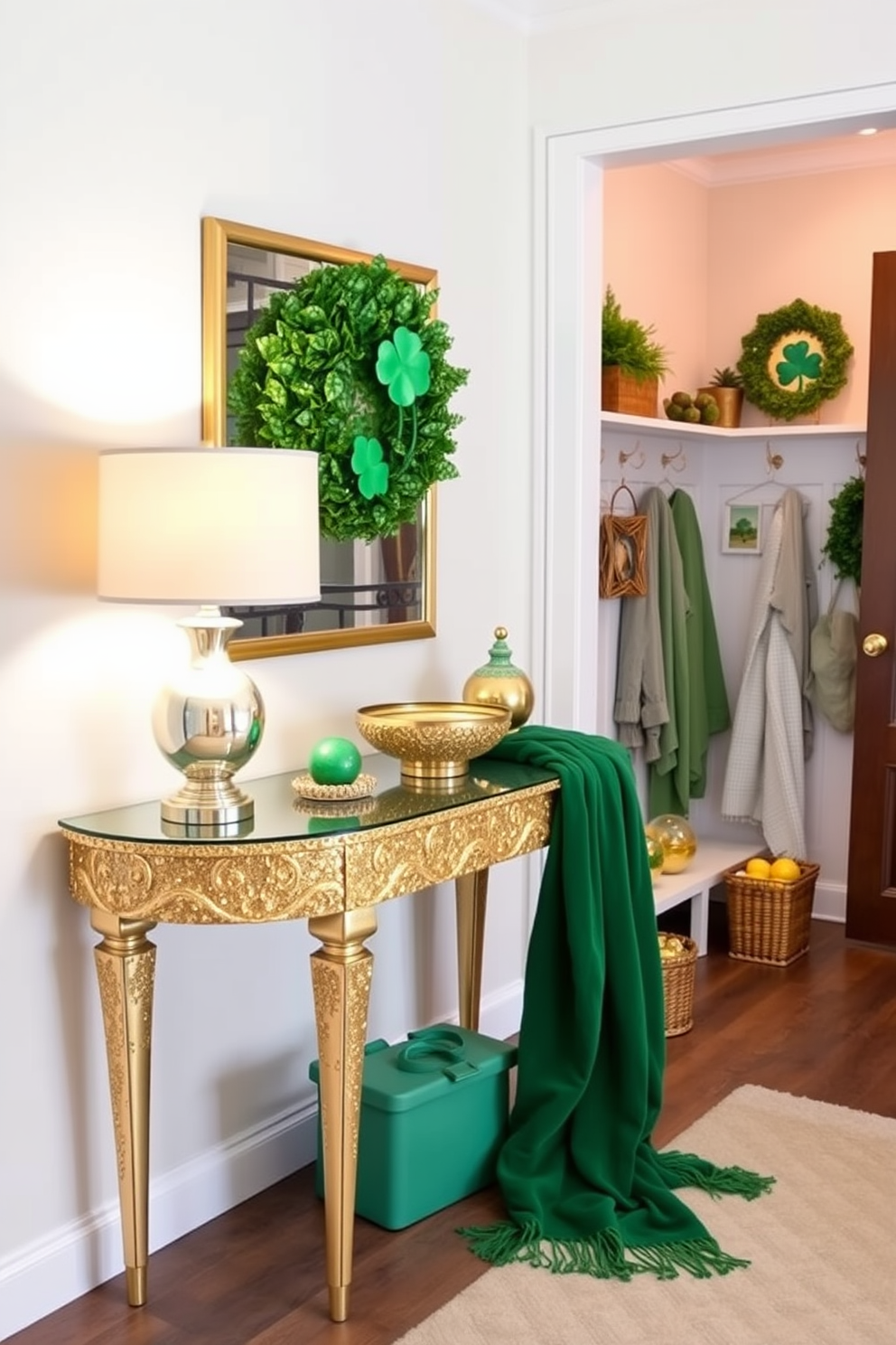 Celtic knot designs on wall art create a vibrant focal point in the room. The intricate patterns and rich colors evoke a sense of heritage and artistry. A mudroom adorned with St. Patrick's Day decorating ideas welcomes guests with charm. Green accents, shamrock motifs, and festive wreaths bring a playful spirit to the entryway.