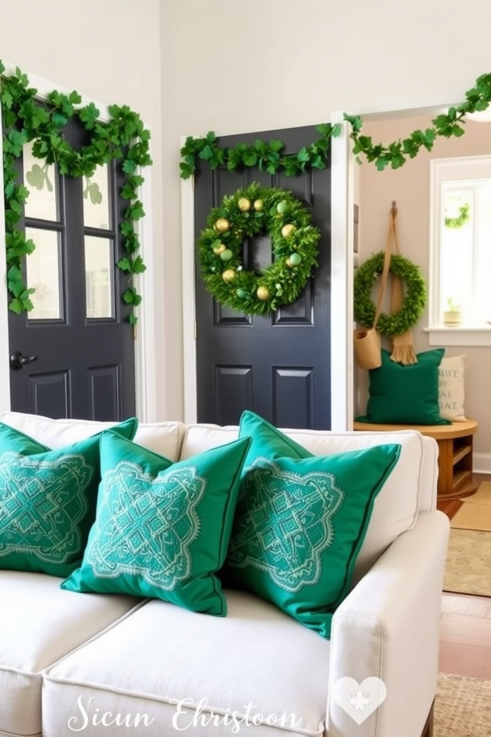 A cozy mudroom adorned with gold and green throw pillows arranged on a rustic wooden bench. The walls are decorated with festive St. Patrick's Day accents, including shamrock garlands and a vibrant green area rug.