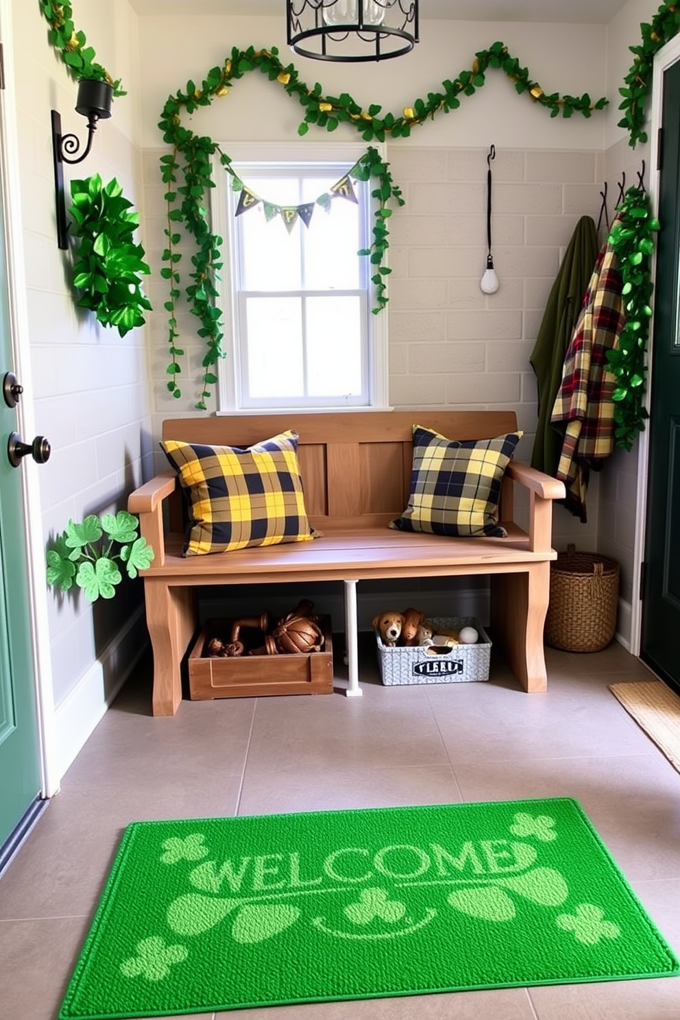 A welcoming mudroom adorned for St. Patrick's Day features a vibrant green welcome mat with festive shamrock designs. The walls are decorated with garlands of green and gold, and a rustic bench is placed against the wall with cozy throw pillows in plaid patterns.