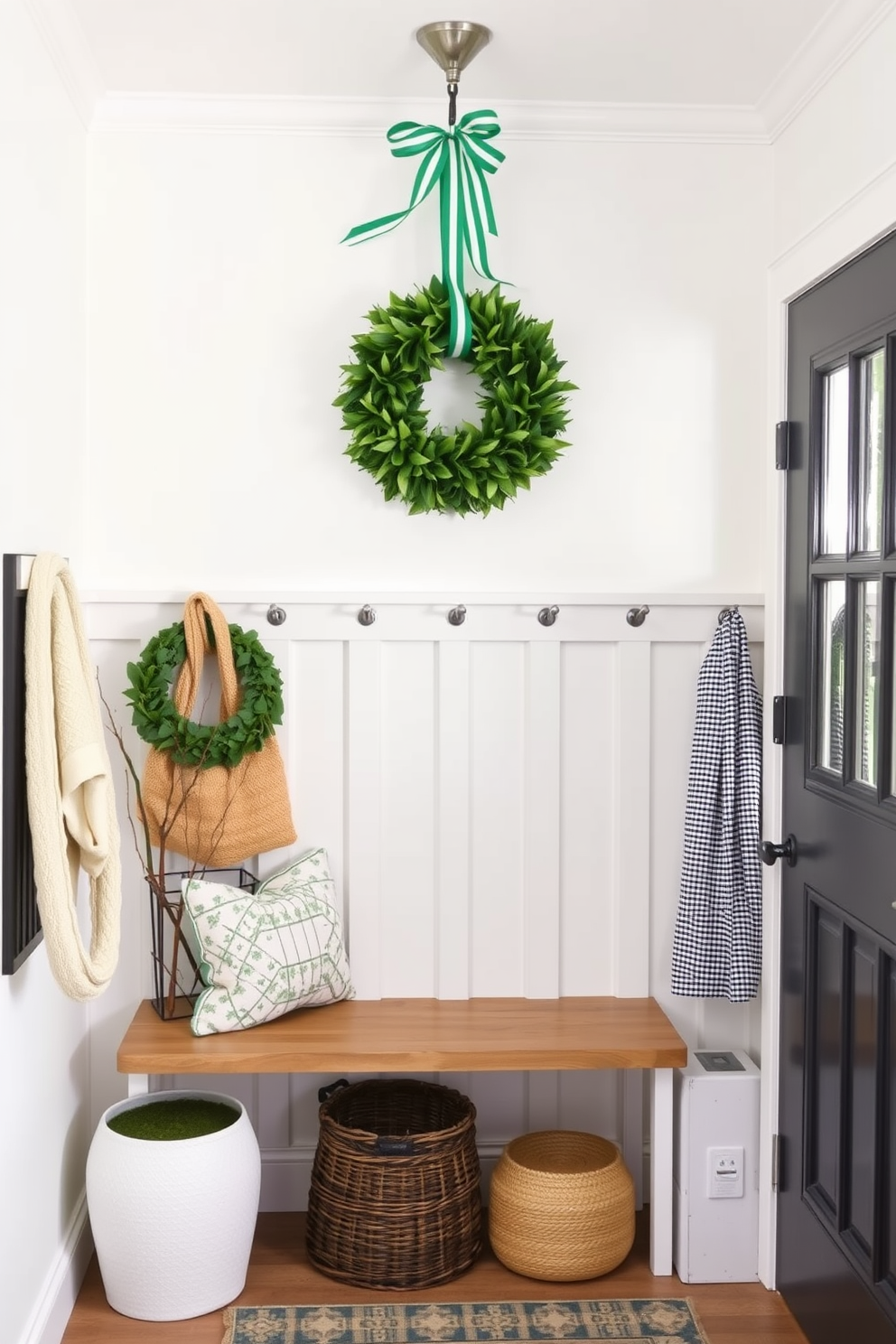 A charming mudroom decorated for St. Patrick's Day features a hanging green wreath adorned with festive ribbons. The space is brightened with touches of gold and white, creating a welcoming atmosphere for guests.