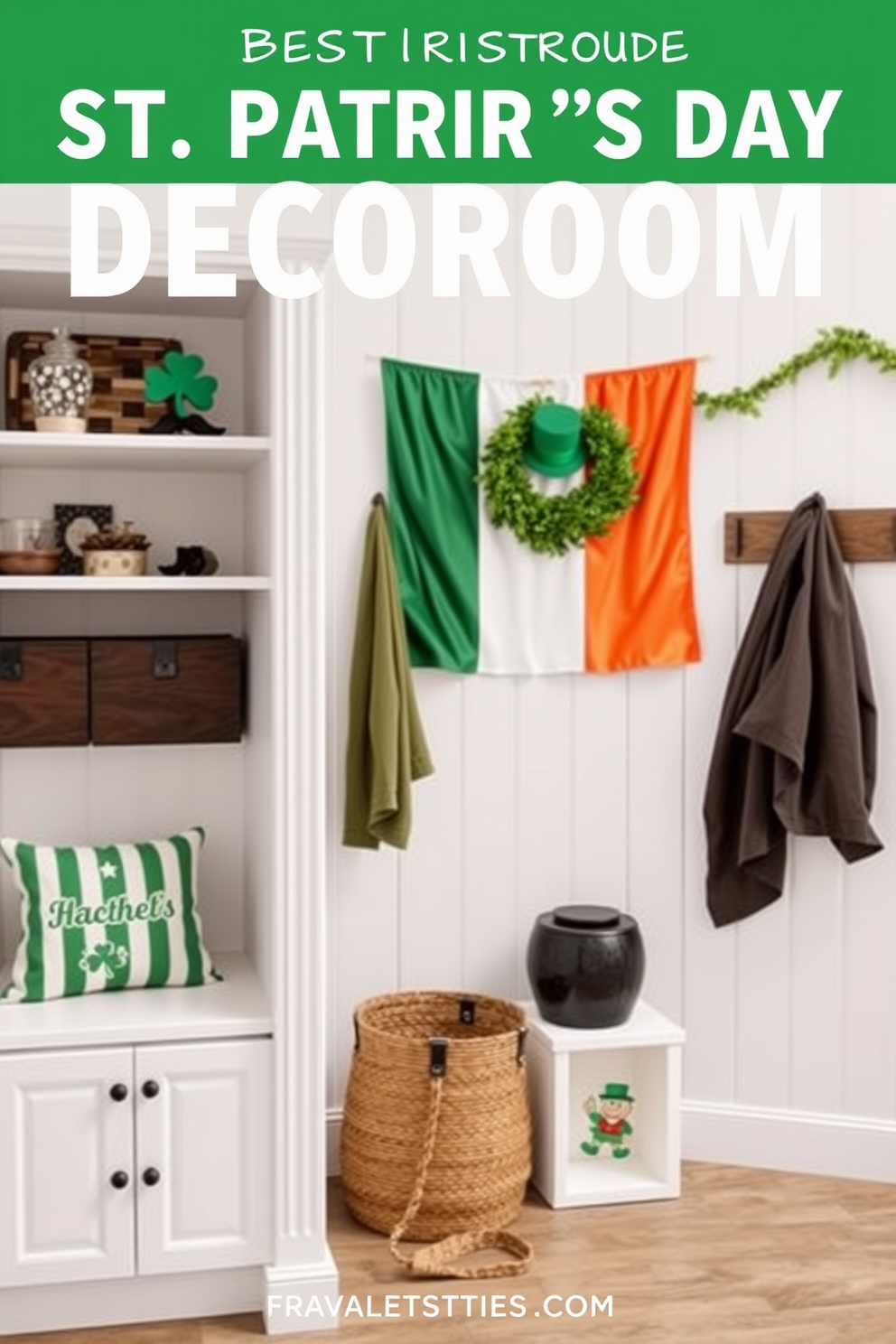 Create an inviting mudroom decorated for St. Patrick's Day. The walls are adorned with a decorative Irish flag, featuring vibrant green, white, and orange colors that celebrate the holiday spirit.