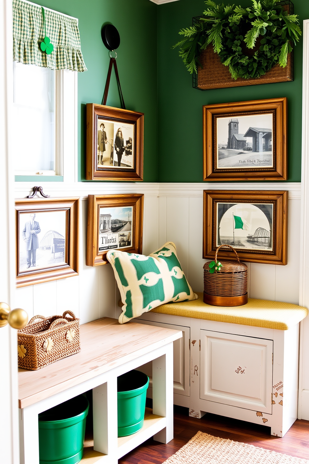 A cozy mudroom decorated for St. Patrick's Day features vintage Irish postcards elegantly displayed in rustic wooden frames. The walls are adorned with green and gold accents, and a charming bench invites guests to sit while removing their shoes.