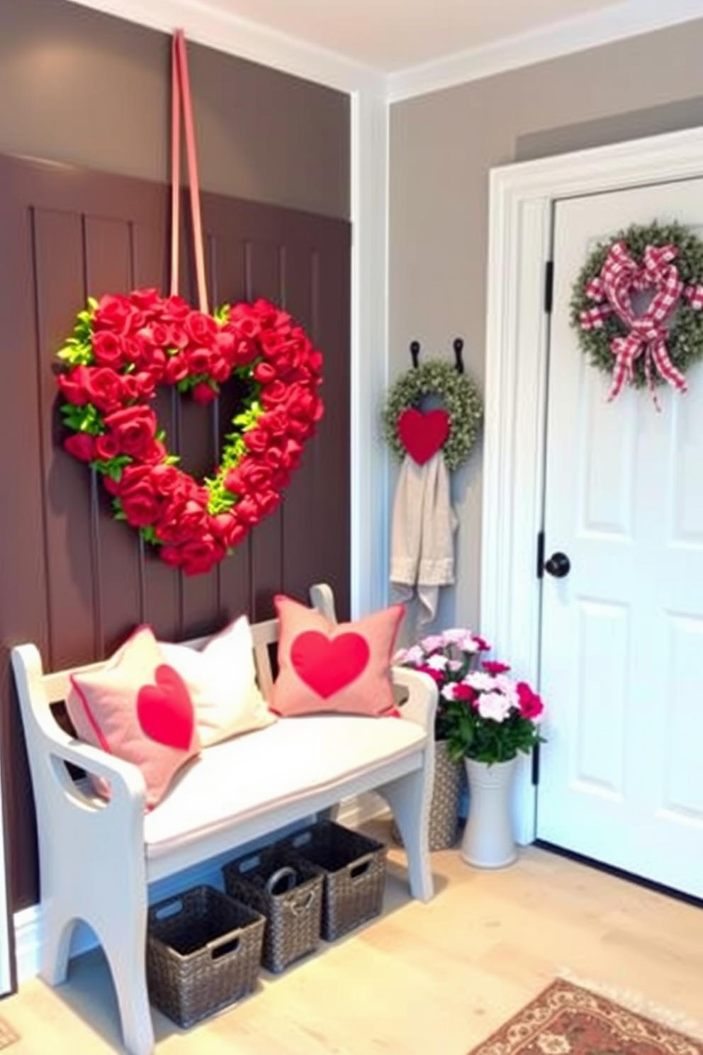 Cozy heart-themed throw pillows are arranged on a plush sofa, featuring various shades of red and pink with intricate patterns. The pillows are complemented by a soft, knitted blanket draped casually over the armrest, creating an inviting atmosphere. The mudroom is decorated for Valentine's Day with heart-shaped wreaths hanging on the doors and a cheerful welcome mat that reads love. A small bench is adorned with seasonal accents, including heart-themed storage baskets and a vase filled with fresh flowers.