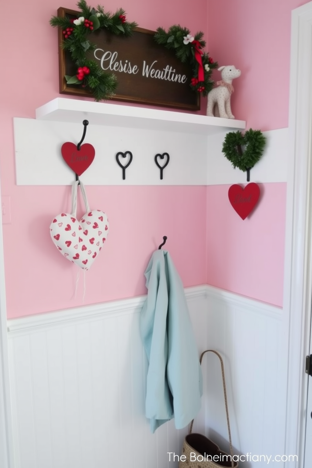 Create a charming mudroom adorned with seasonal Valentine themed coat hangers. The walls are painted in a soft pink hue, and heart-shaped hooks are mounted for hanging coats and bags, adding a festive touch.